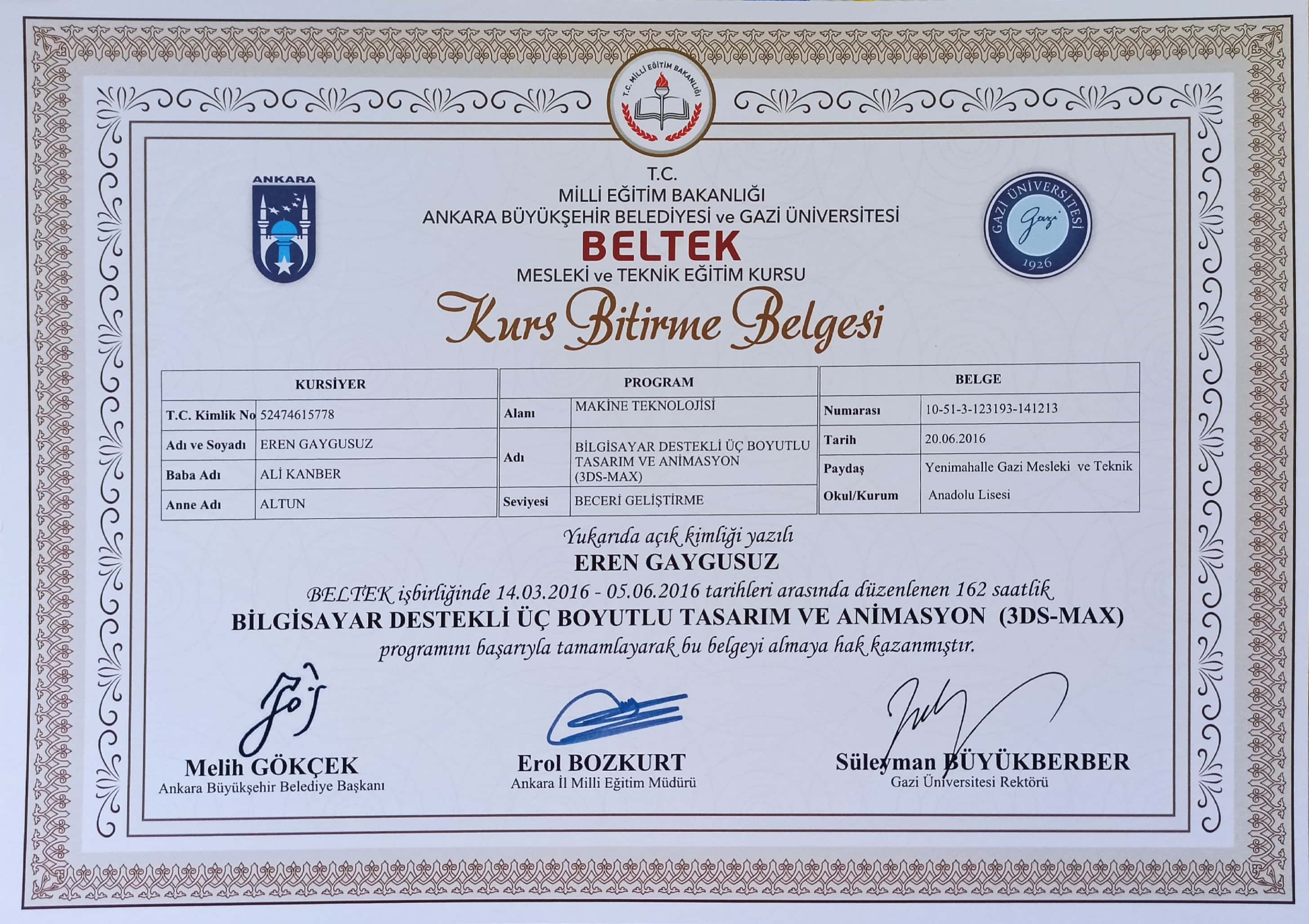 Bilgisayar Destekli Üç Boyutlu Tasarım ve Animasyon (3DS-MAX) certificate