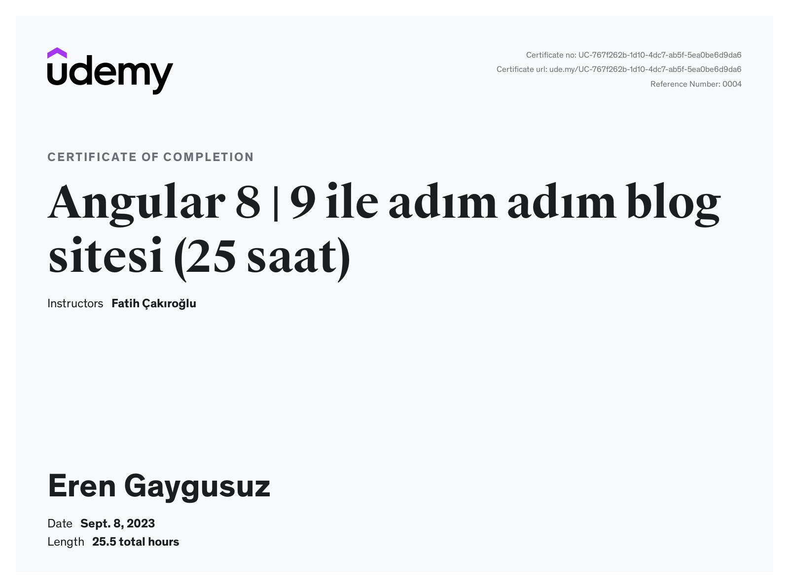 Angular ile Blog Projesi Geliştirme certificate
