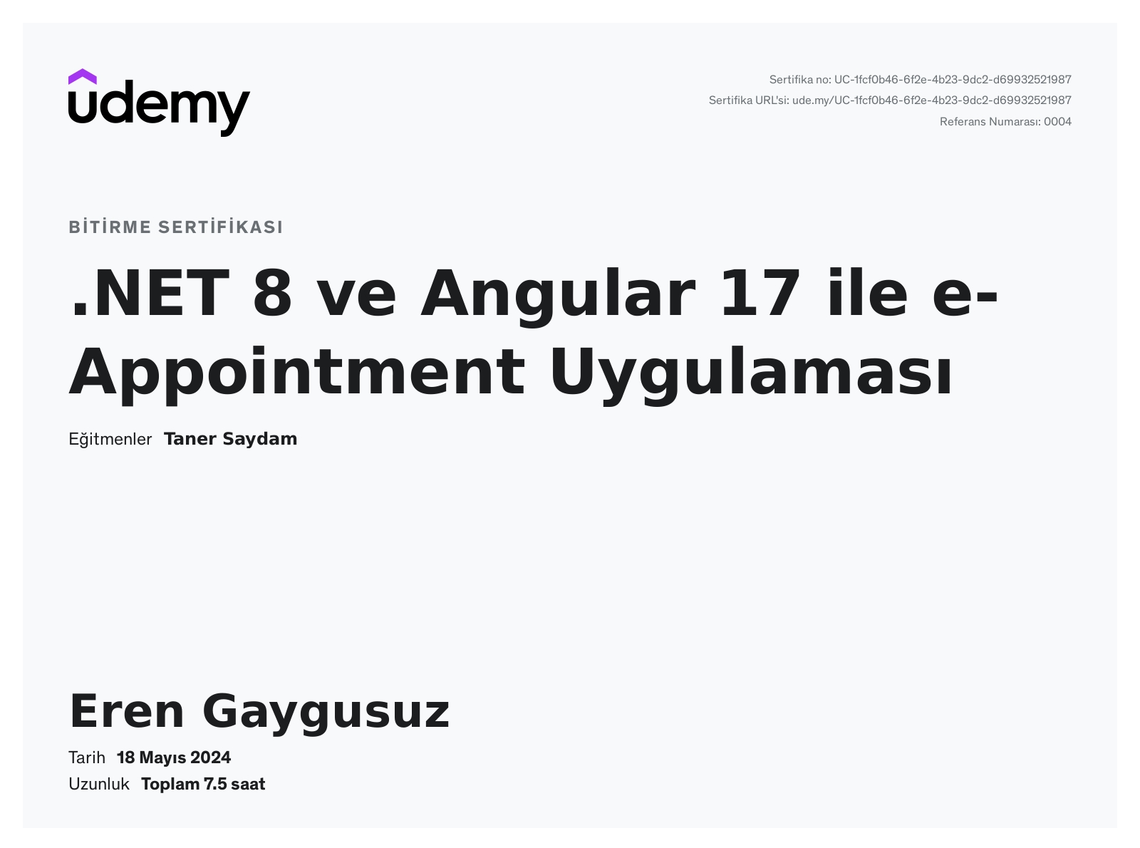 Angular E-Appointment Project certificate
