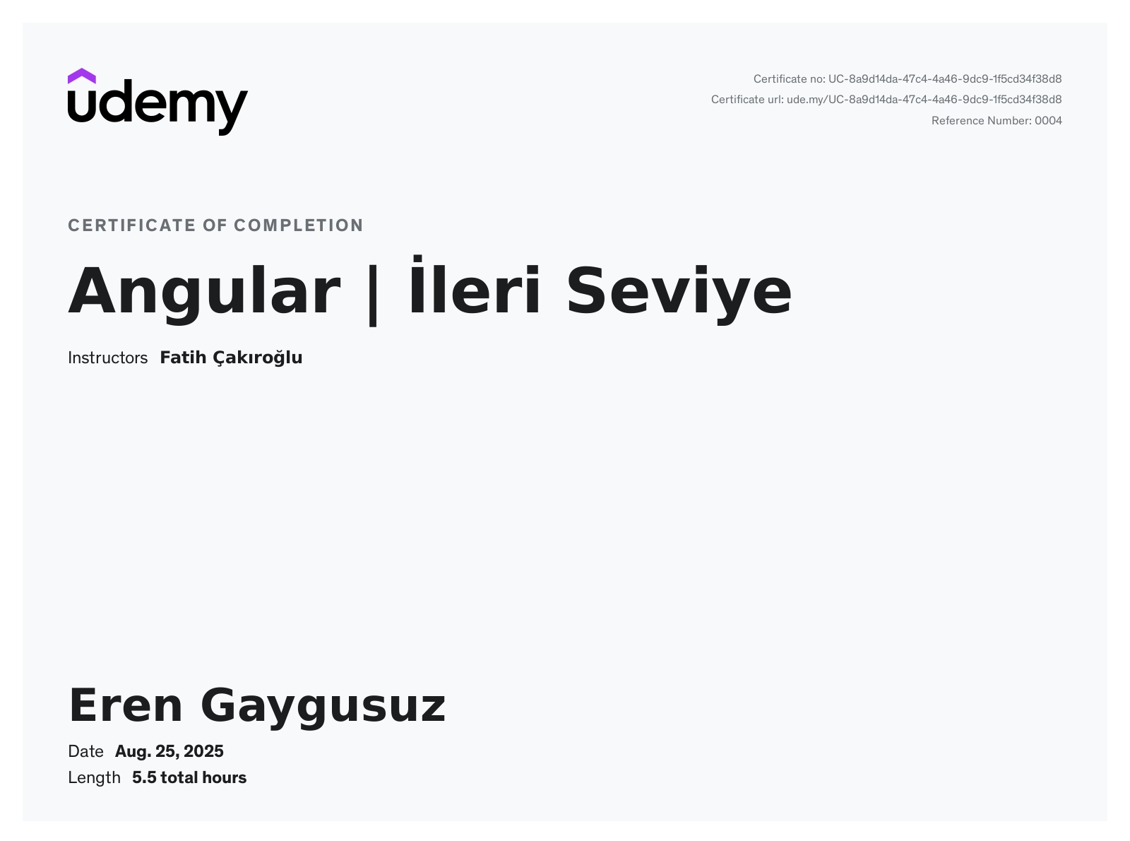 Angular İleri Seviye certificate