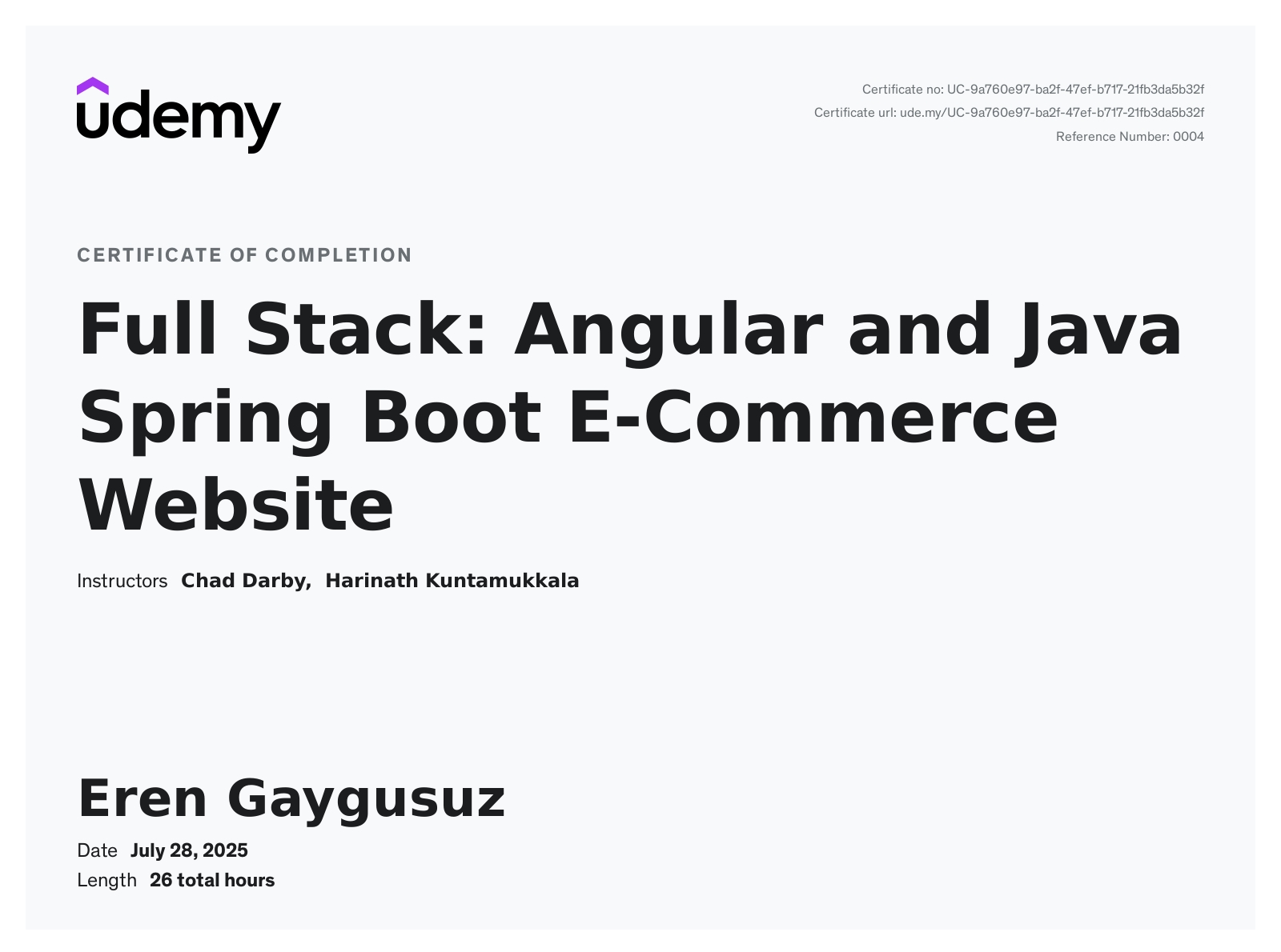 Angular Spring Boot E-Commerce certificate