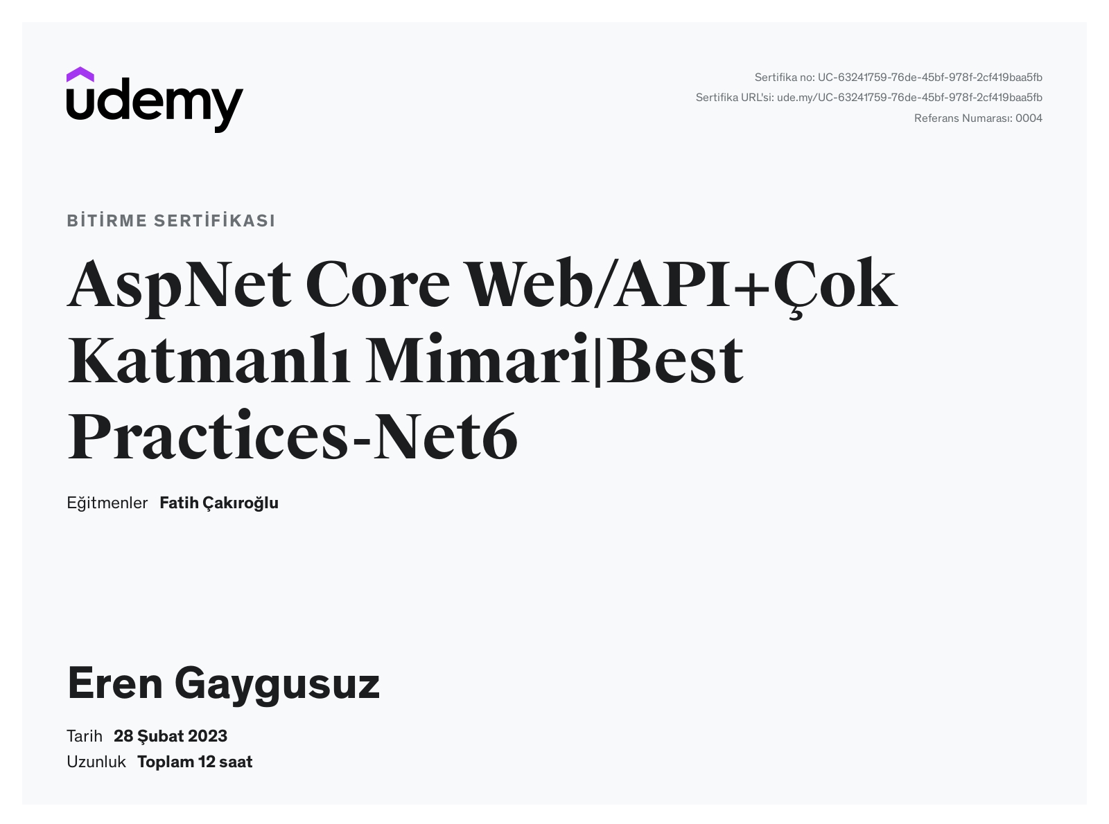 ASP.Net Core Web API - Katmanlı Mimari Best Practices certificate