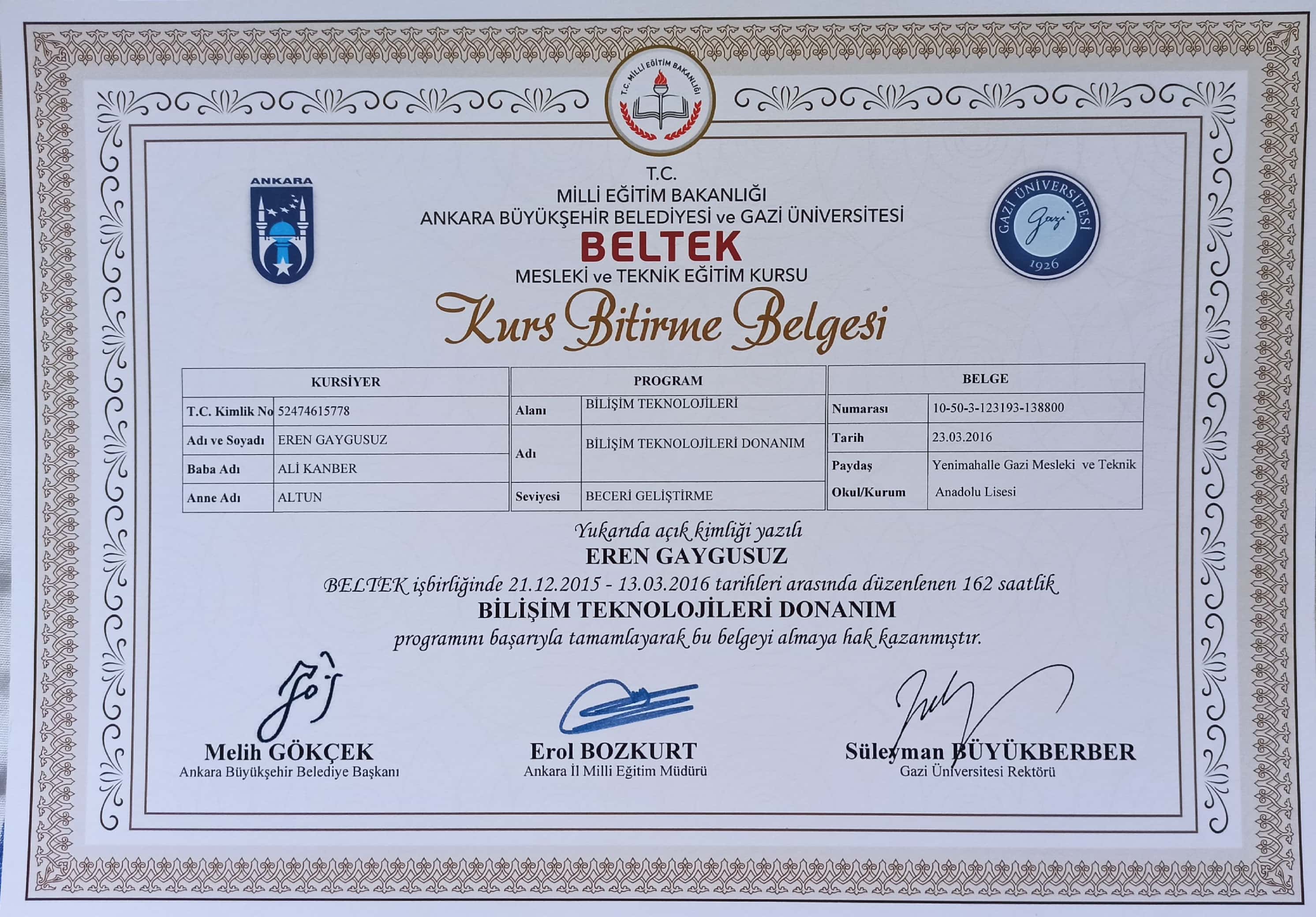 Bilgisayar Donanımı certificate