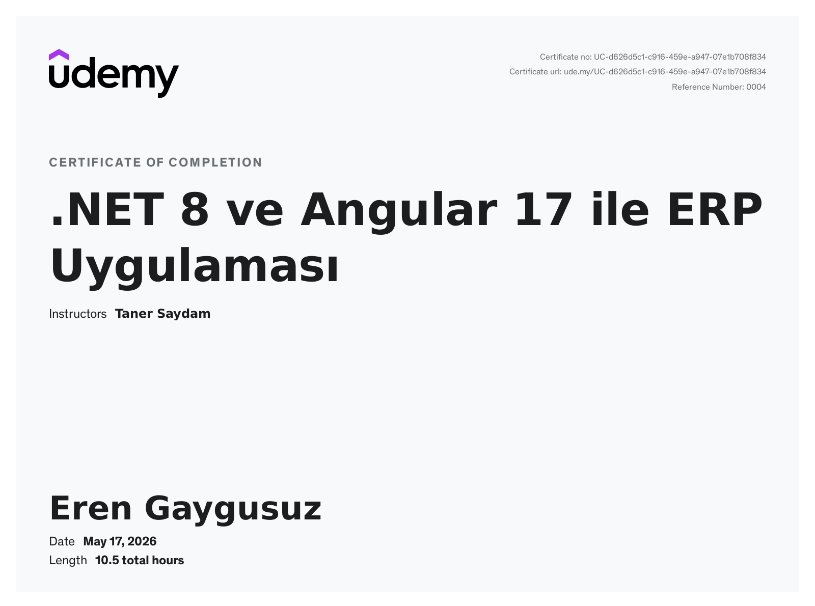 .NET 8 ve Angular 17 ile ERP Uygulaması certificate