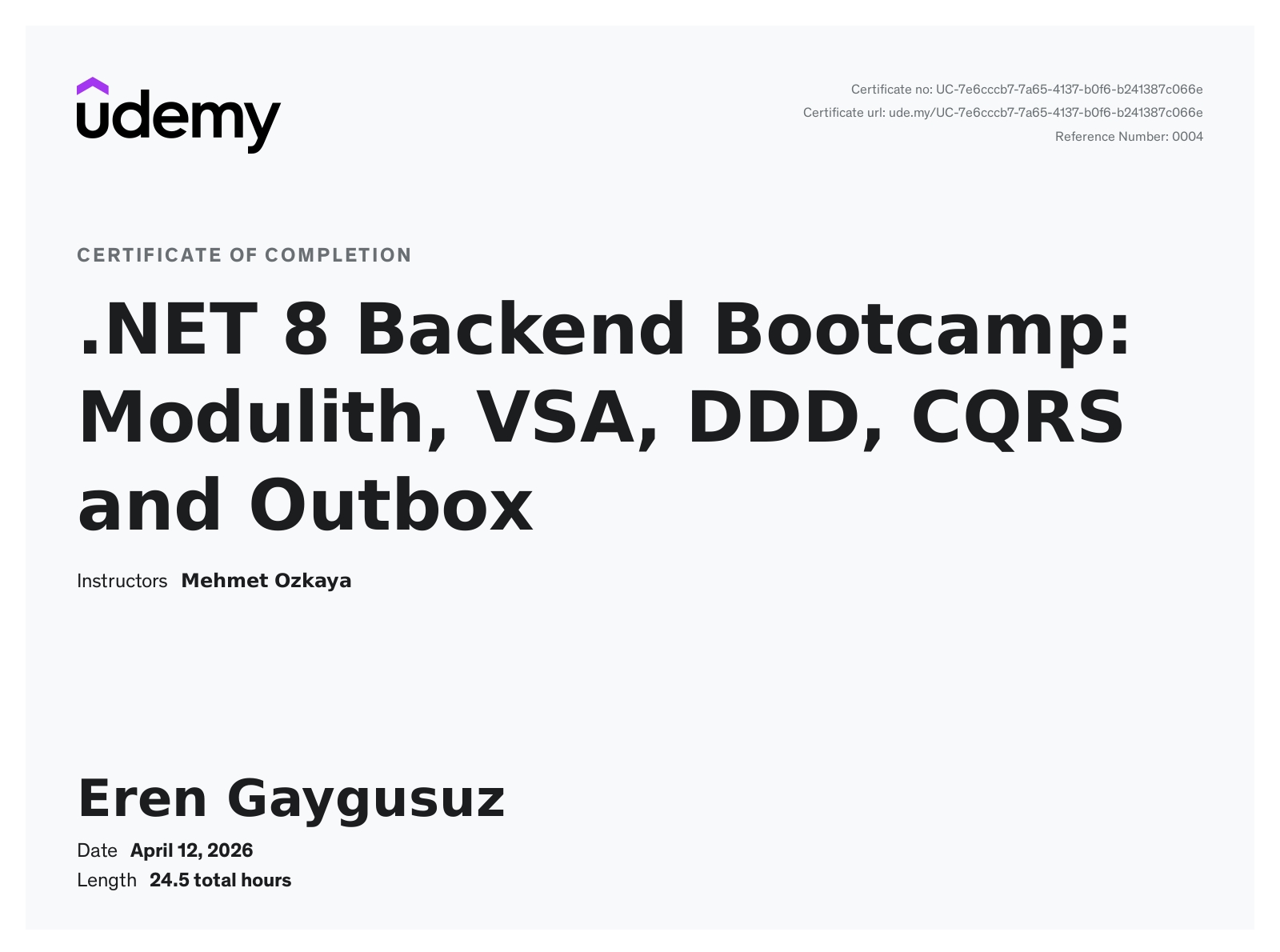 .NET 8 Backend Bootcamp: Modulith, VSA, DDD, CQRS and Outbox certificate