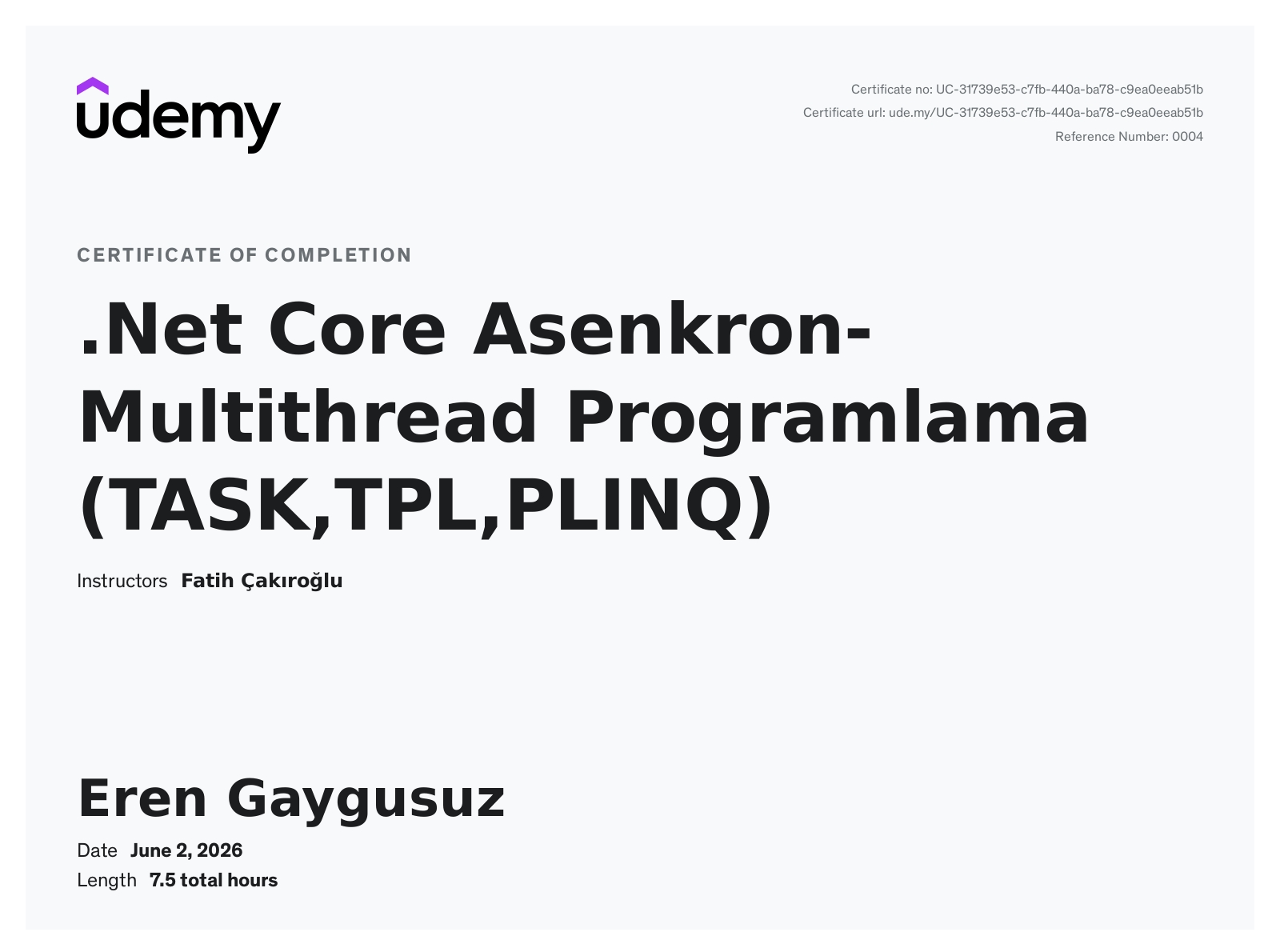 .Net Core Asenkron-Multithread Programlama (TASK,TPL,PLINQ) certificate