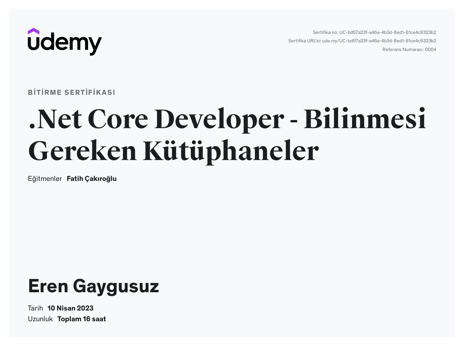 .Net Core Developer - Bilinmesi Gereken Kütüphaneler certificate