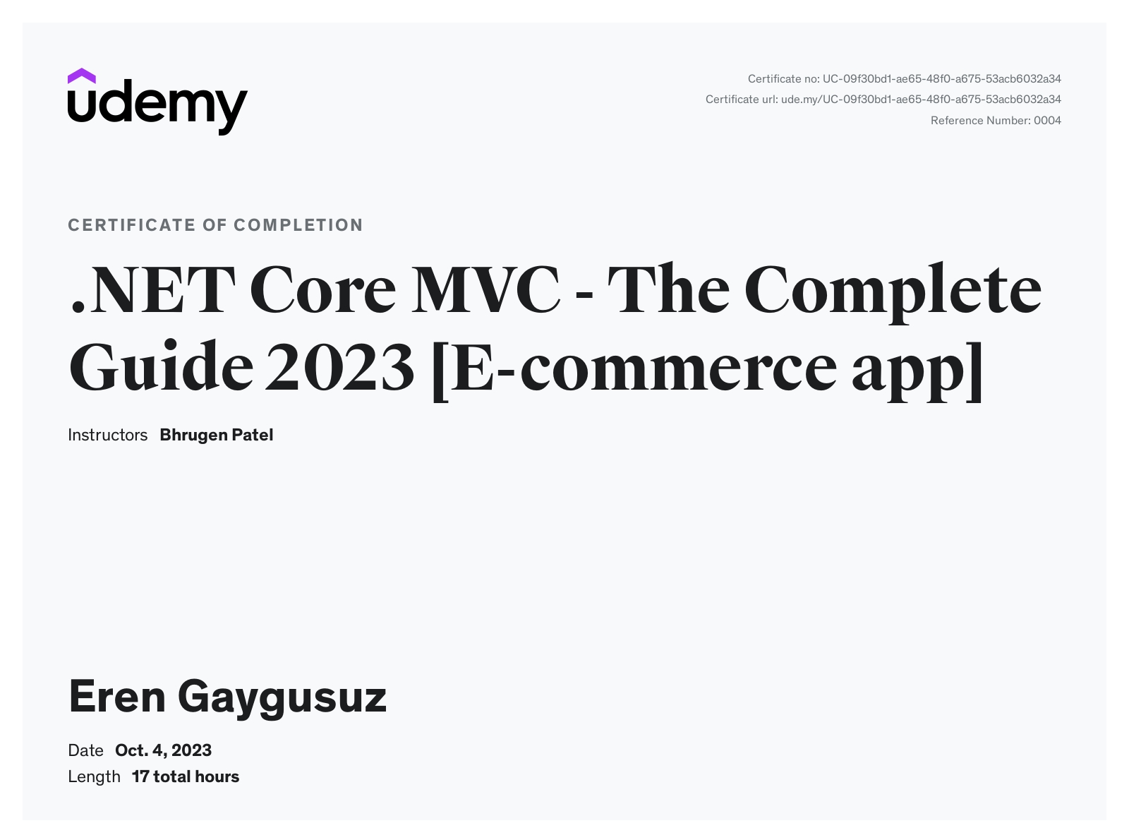 .NET Core MVC - The Complete Guide certificate