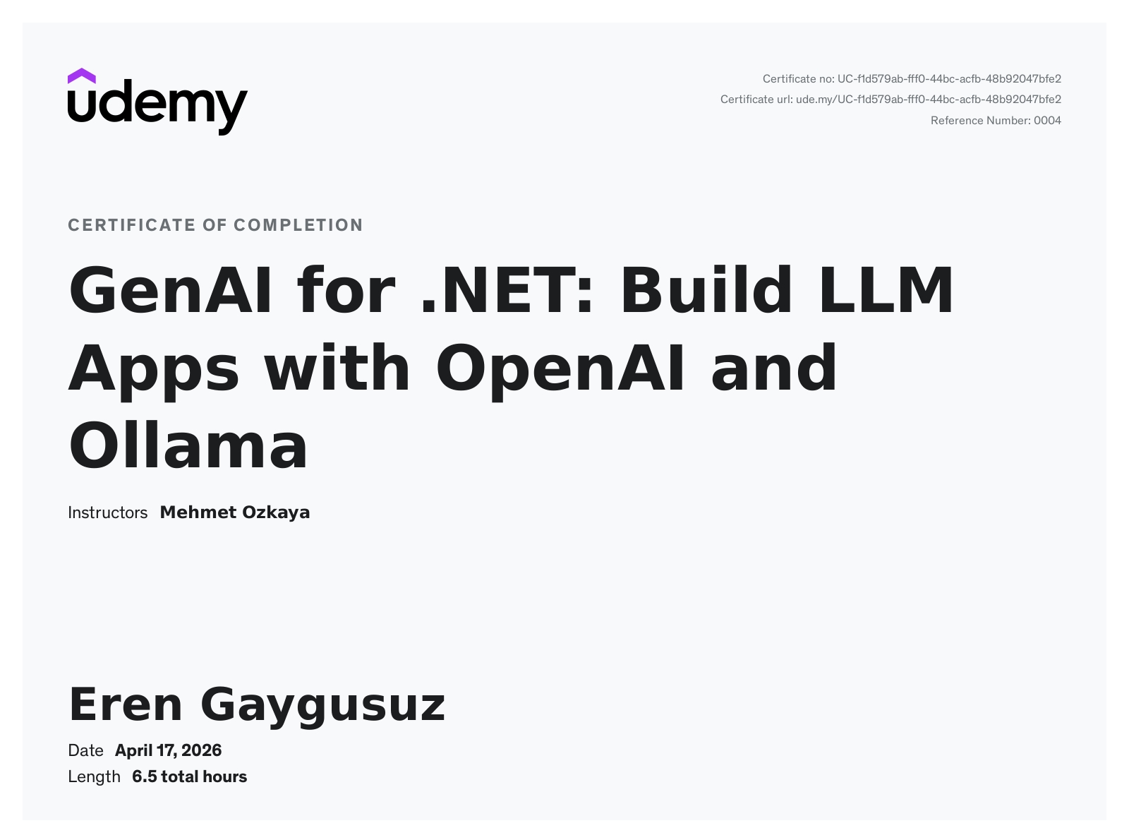 GenAI for .NET: Build LLM Apps with OpenAI and Ollama certificate