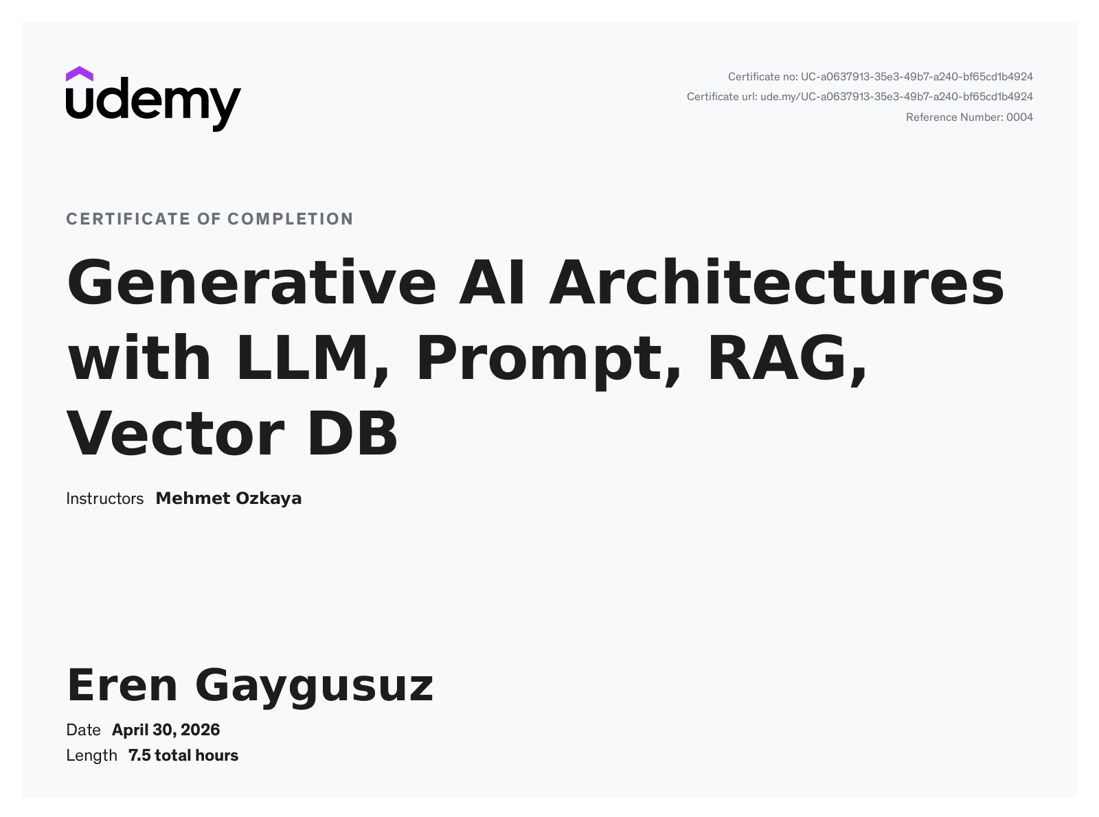 Generative AI Architectures with LLM, Prompt, RAG, Vector DB certificate