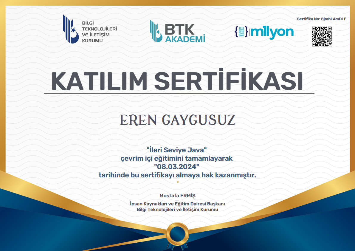 İleri Seviye Java certificate