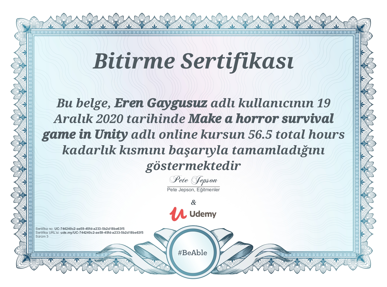 Unity Horror Game certificate