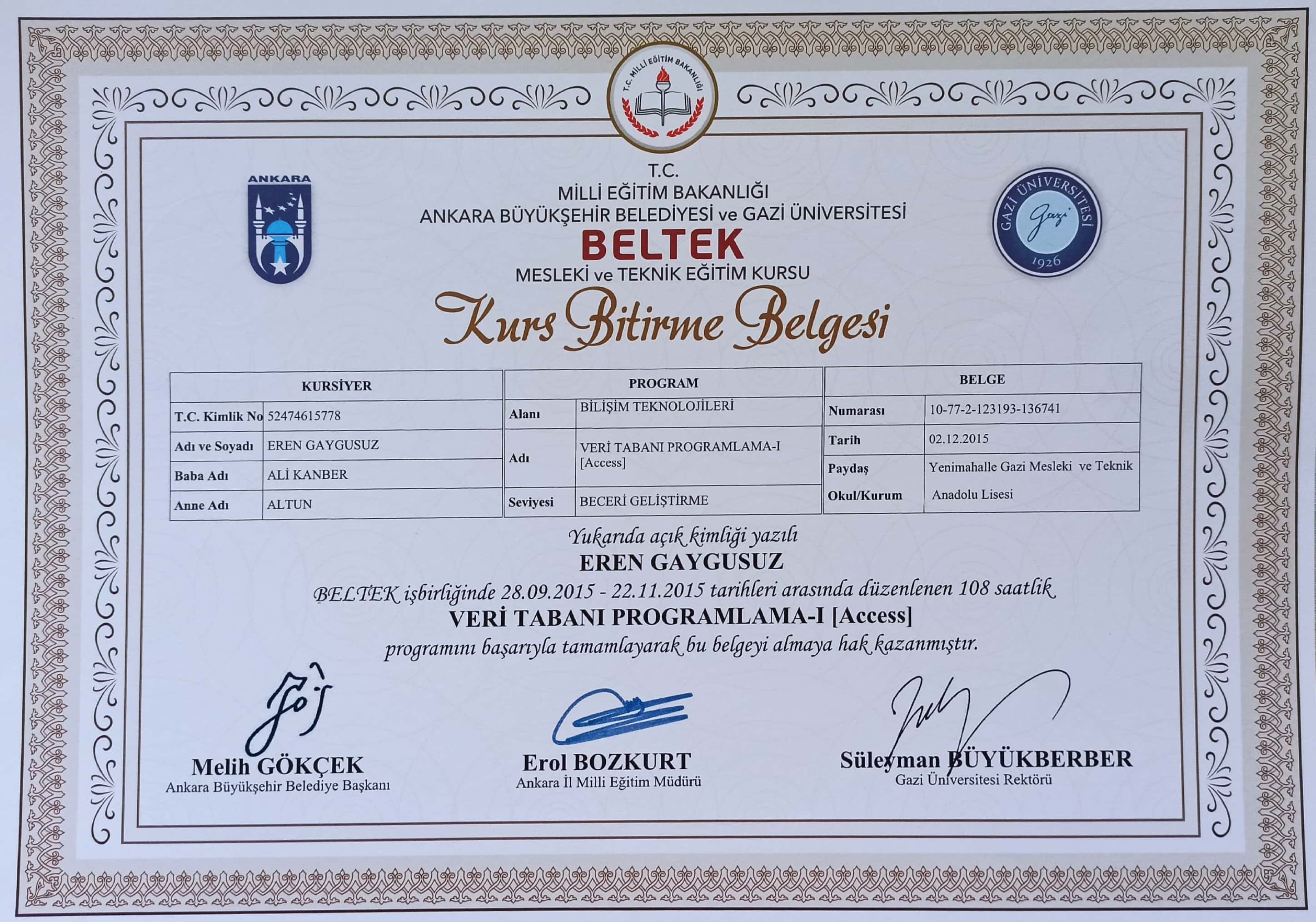 Veritabanı Programlama - 1 certificate