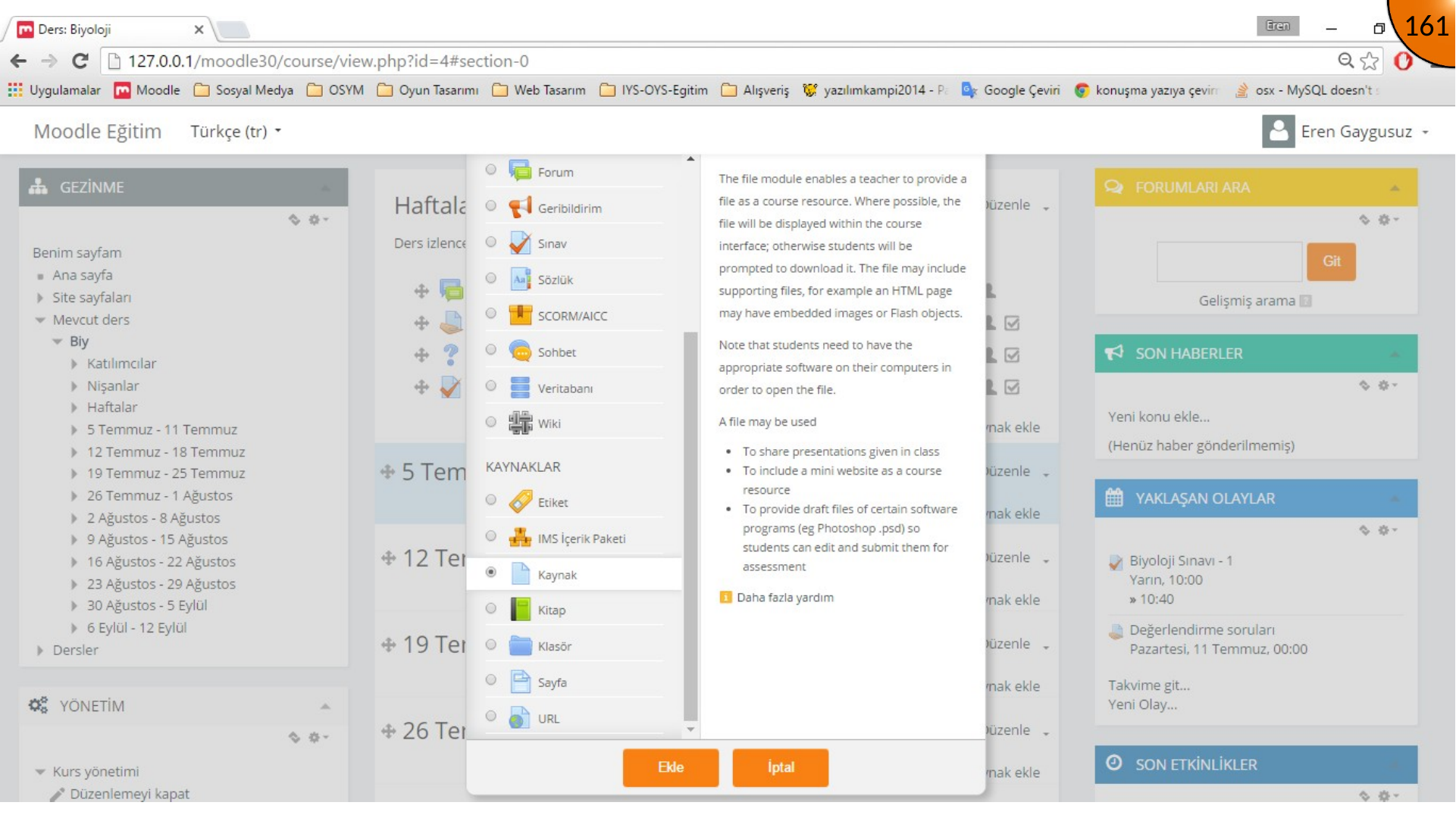 Selecting a Moodle File resource