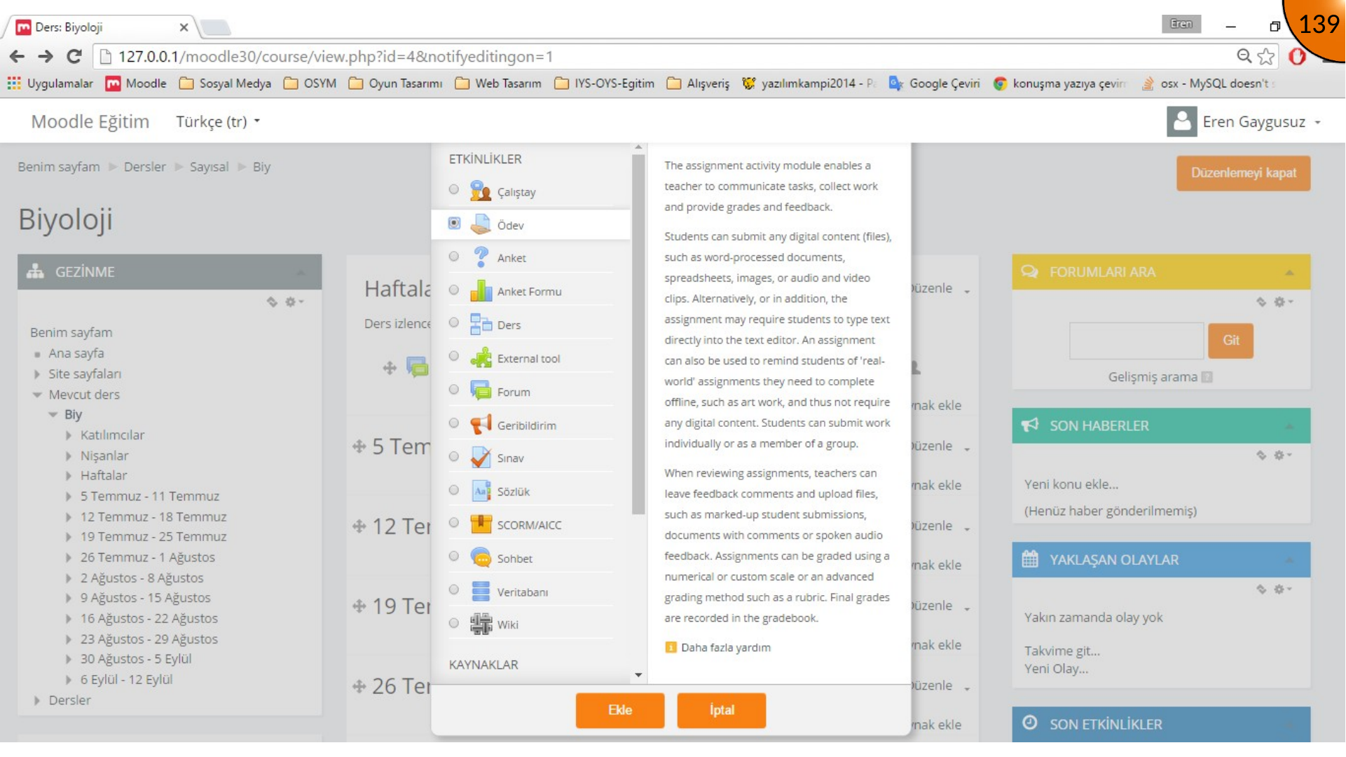 Selecting the Moodle Assignment activity