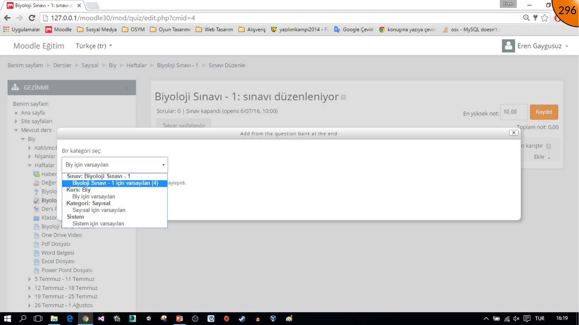 Selecting question bank category for Moodle quiz