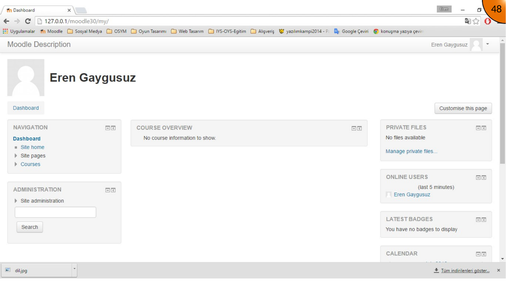 Moodle administrator dashboard before changing the language