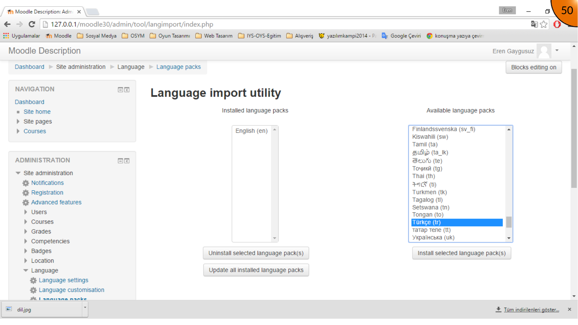 Selecting Turkish from available Moodle language packs