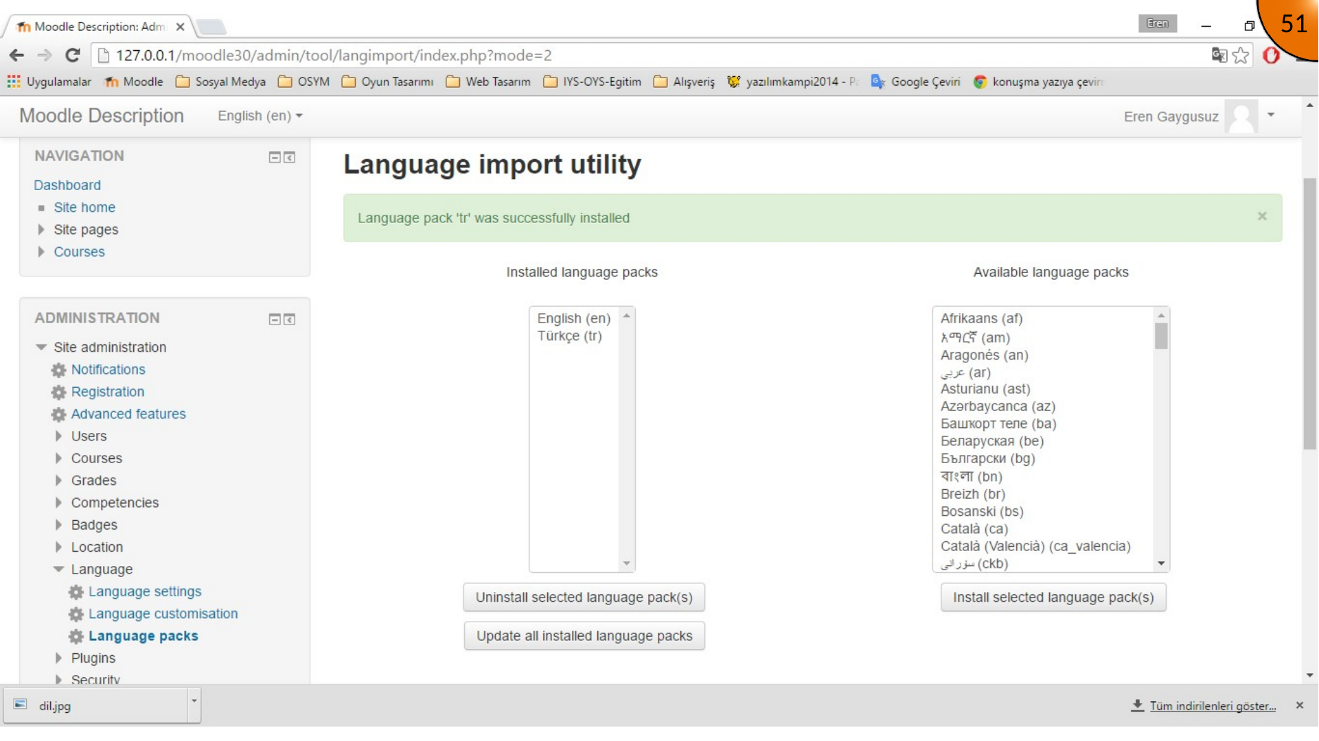 Turkish language pack shown as installed in Moodle