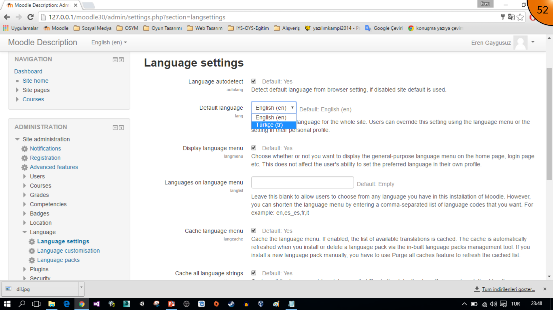 Opening Moodle Language settings after the Turkish language pack is installed
