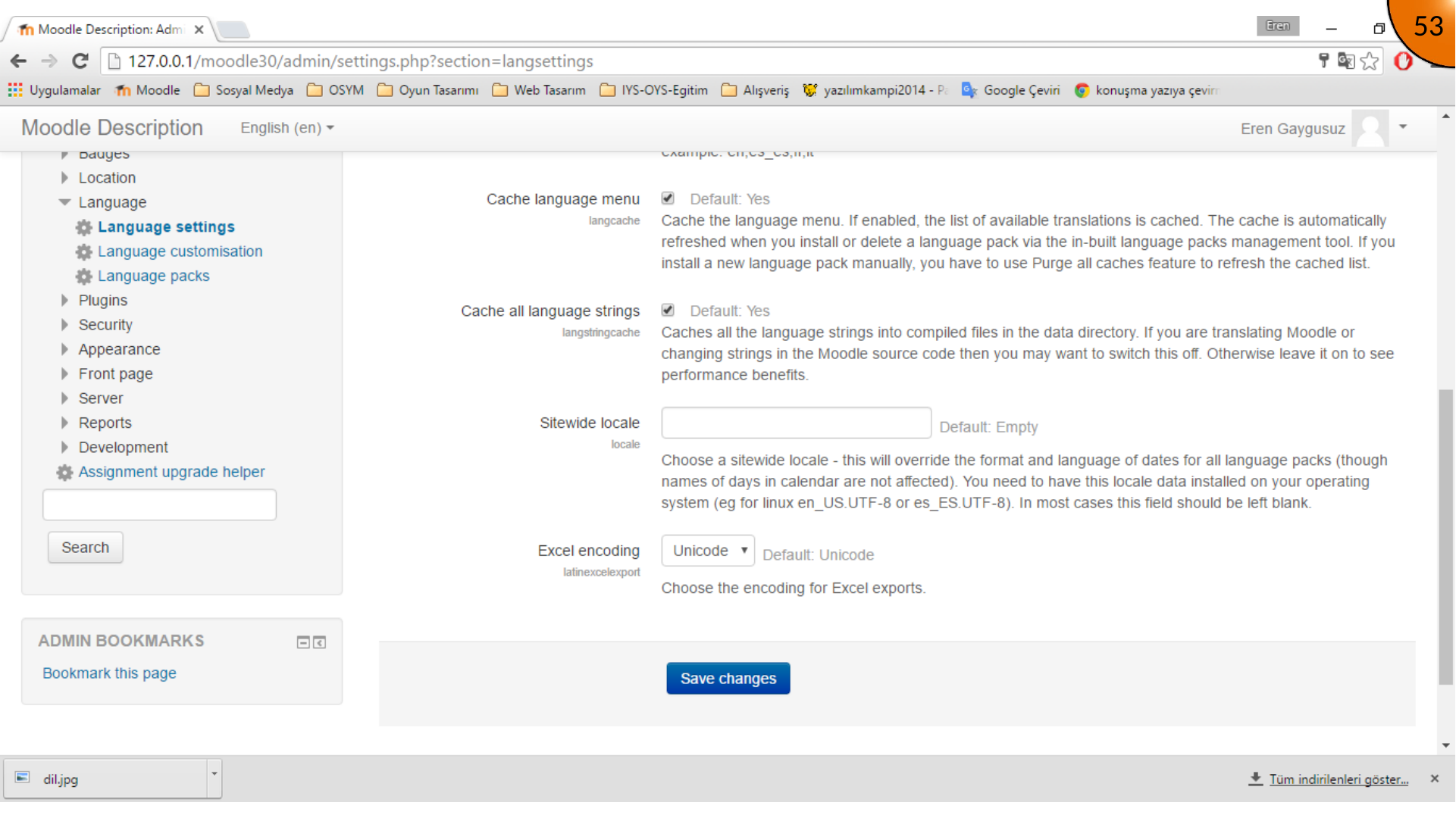 Selecting Turkish as Moodle's default language