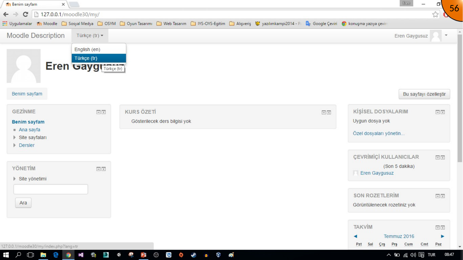 Selecting Turkish from the Moodle user language menu