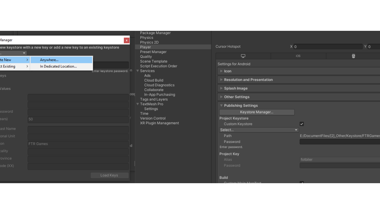 Unity Publishing Settings and Keystore Manager