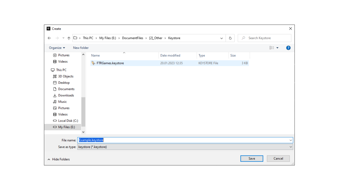 Saving the new Unity keystore file