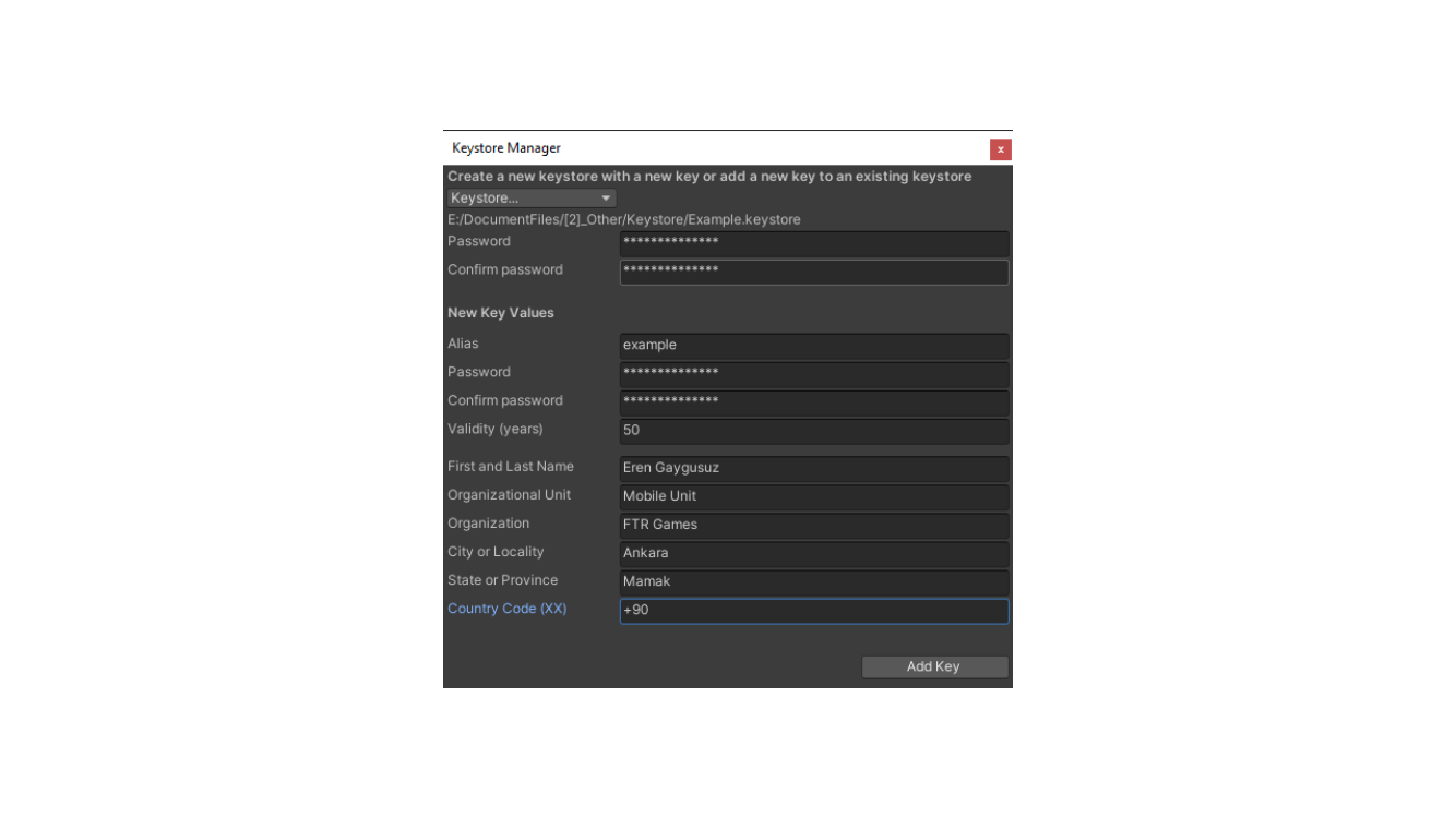 Unity Keystore Manager with new key details