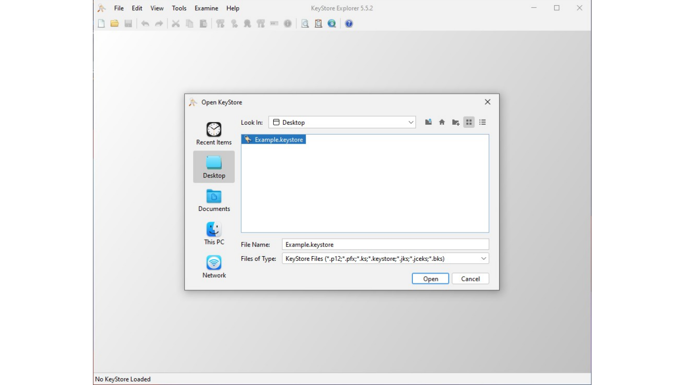 Opening the Unity keystore in KeyStore Explorer