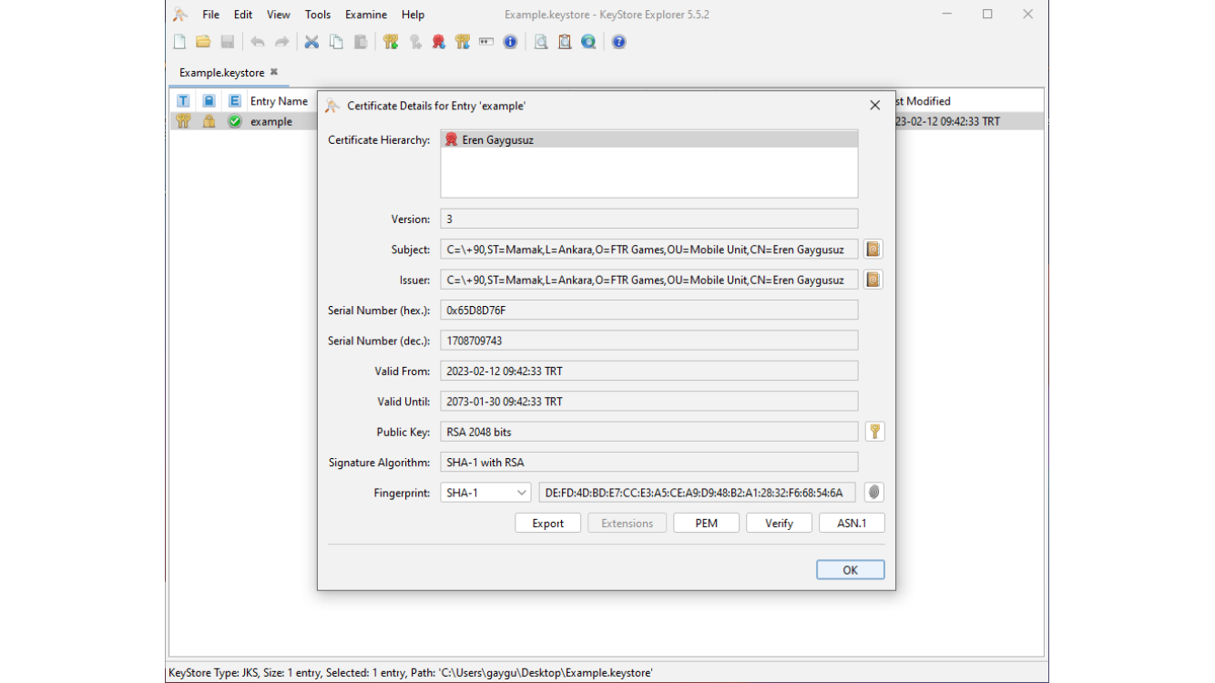 Certificate details with PEM option in KeyStore Explorer