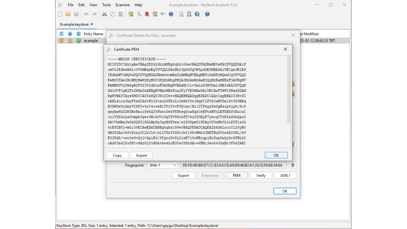 PEM certificate export window in KeyStore Explorer