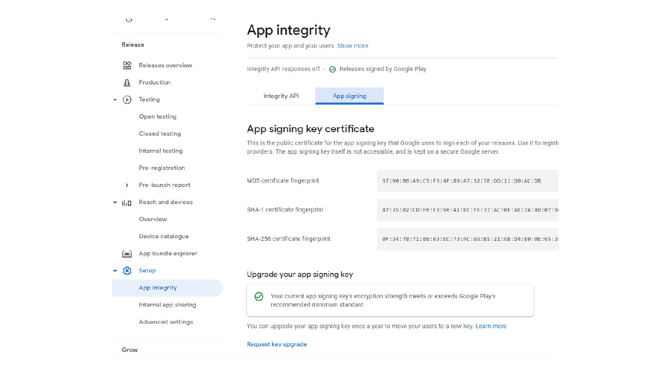App signing page in Google Play Console