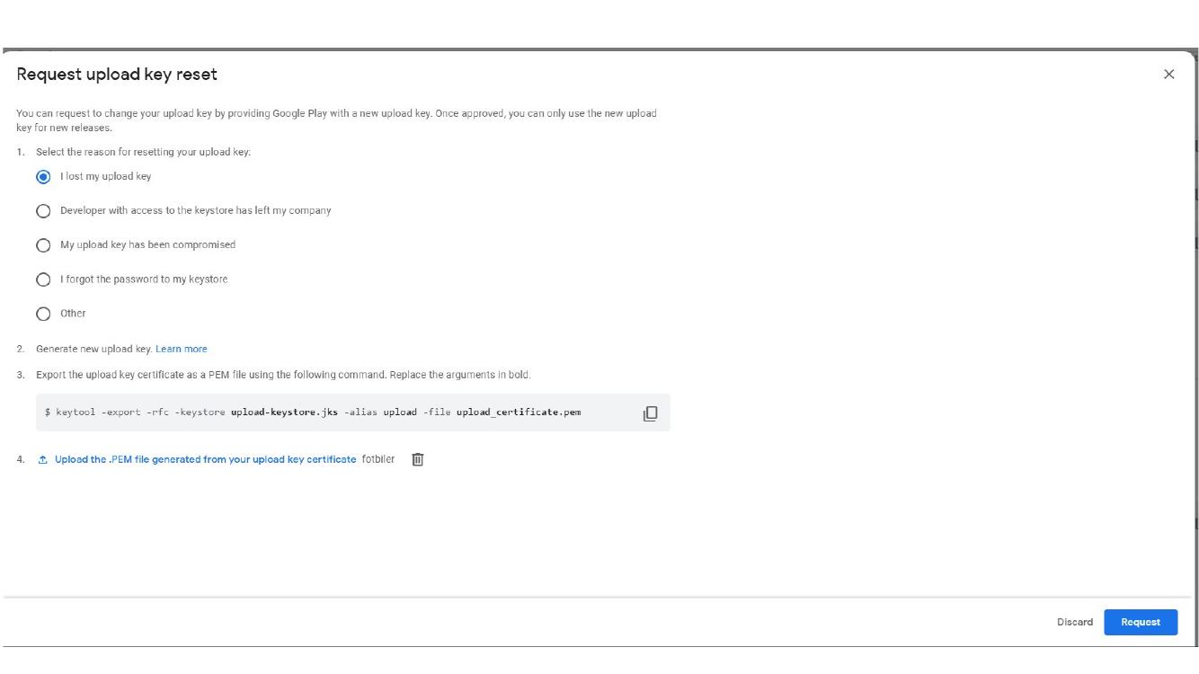 Google Play Console upload key reset form