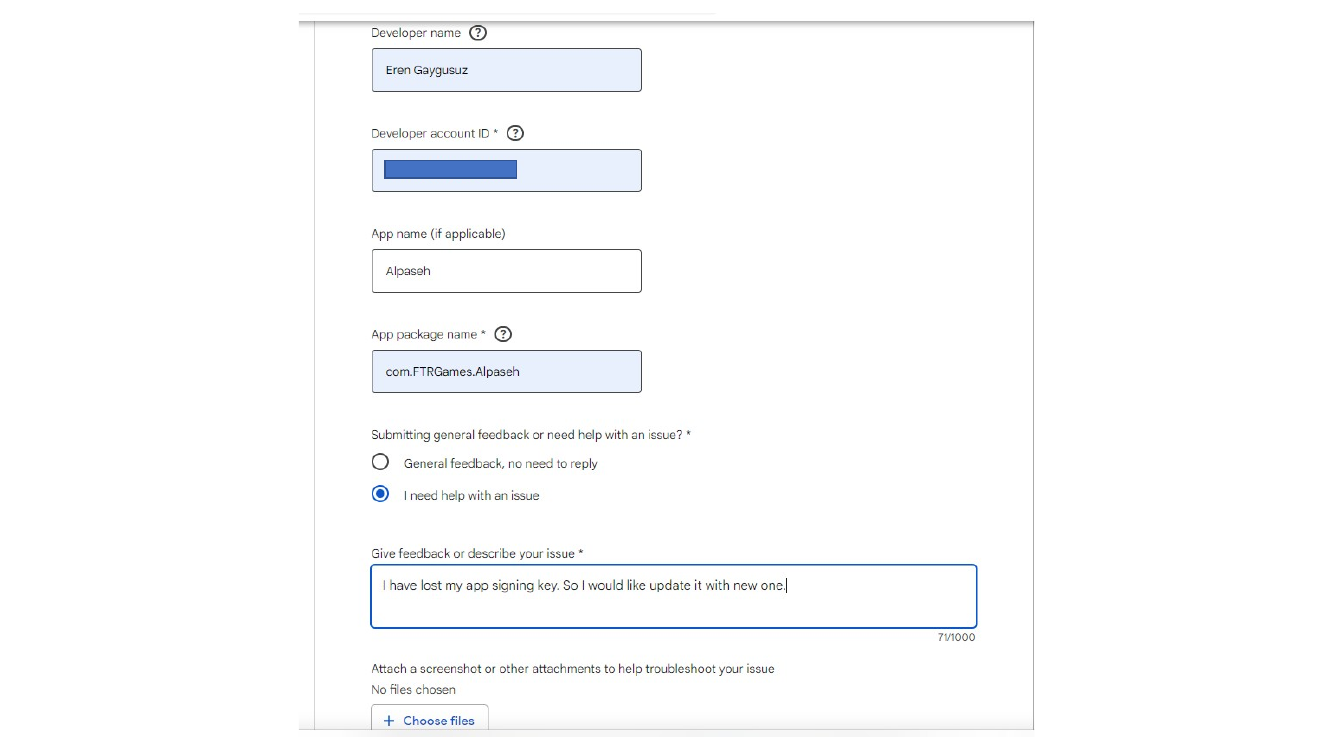 Google Play Console issue form for key reset support