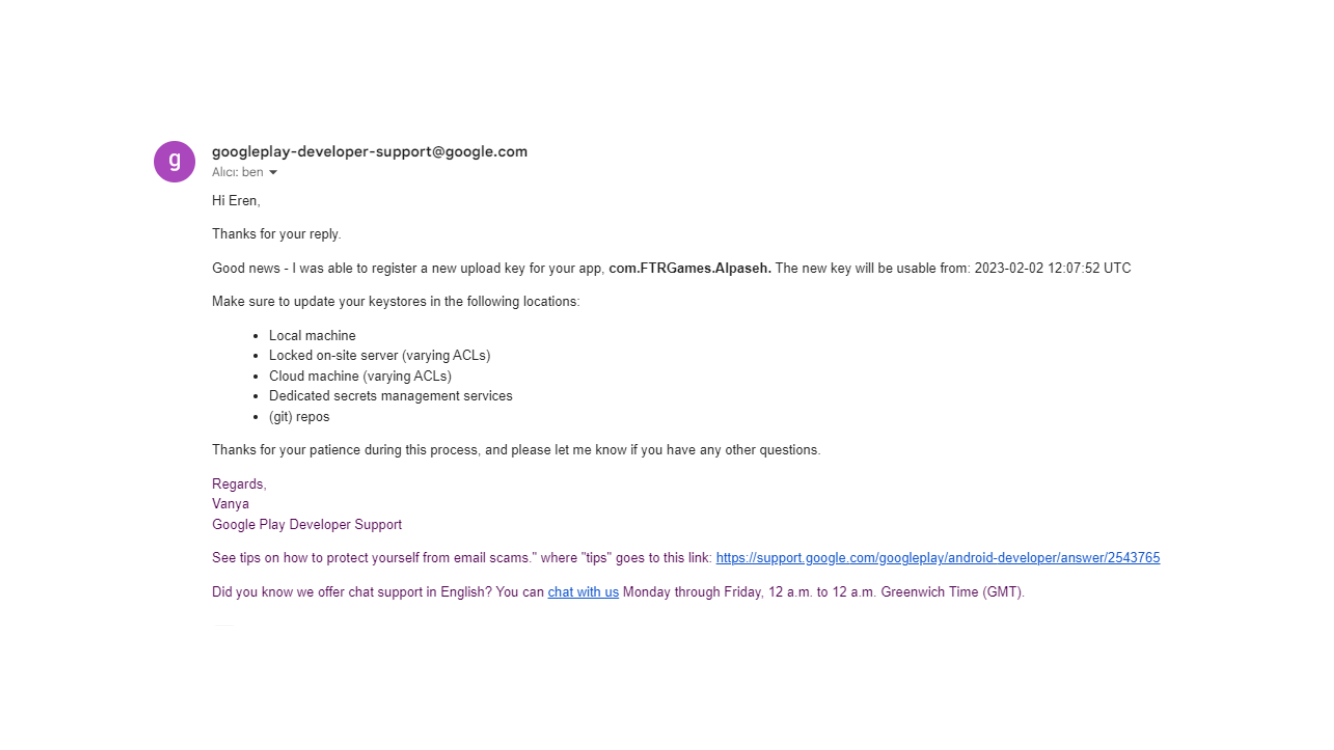 Google Play support confirmation email for a new upload key