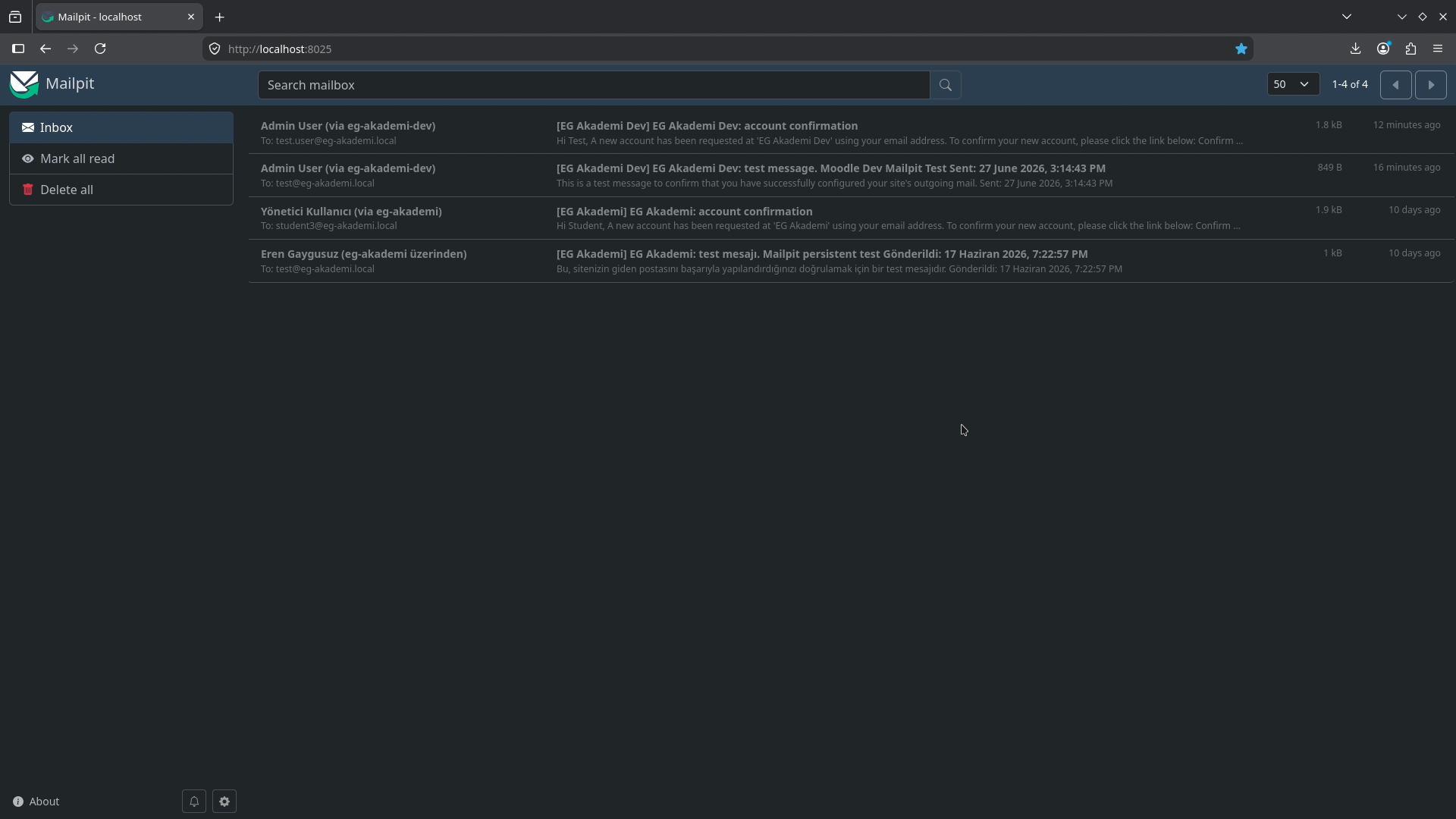 Mailpit web inbox opened in the browser