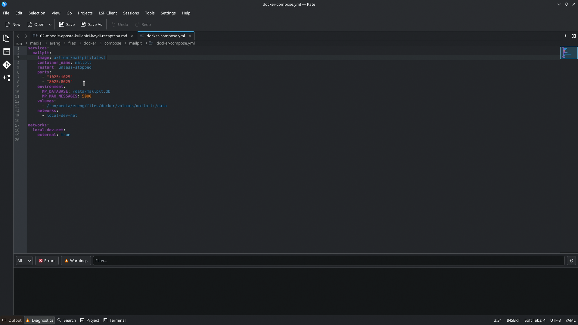 Mailpit Docker Compose file opened in the editor