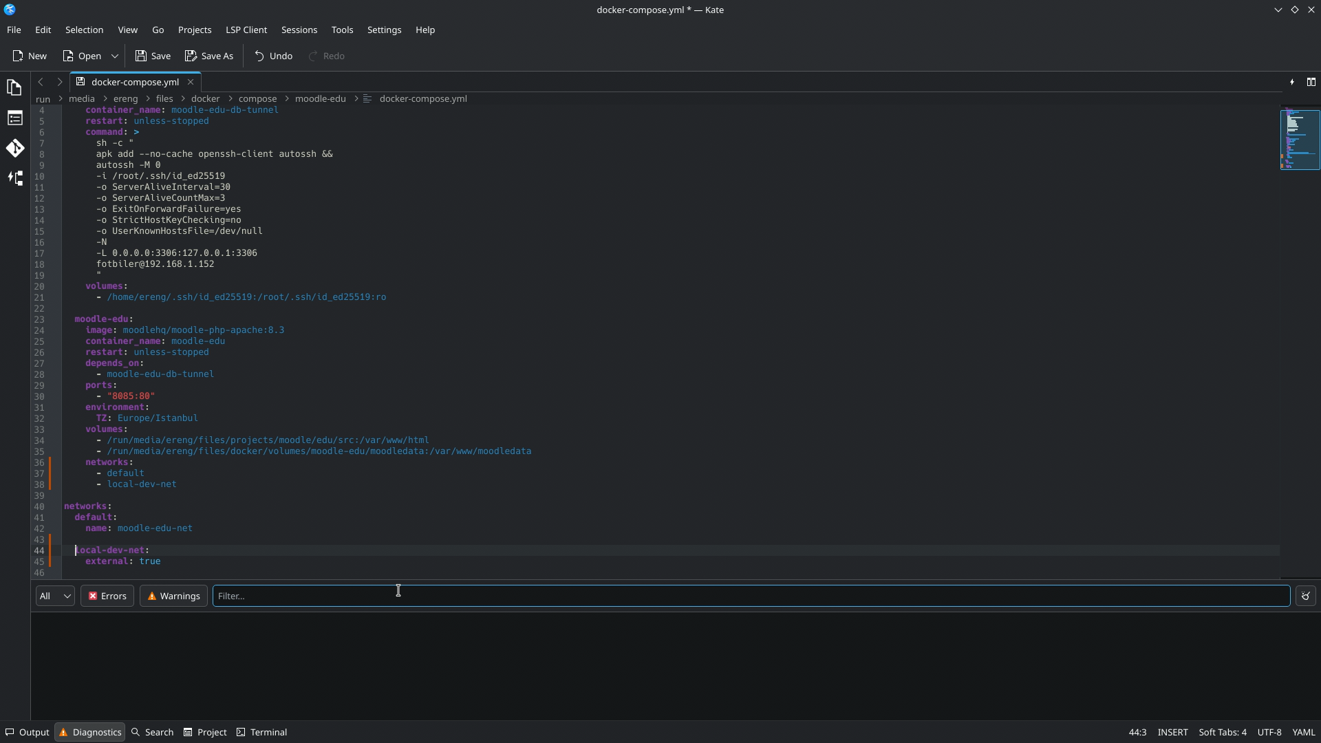 Editing the Moodle Docker Compose file to add the shared Docker network
