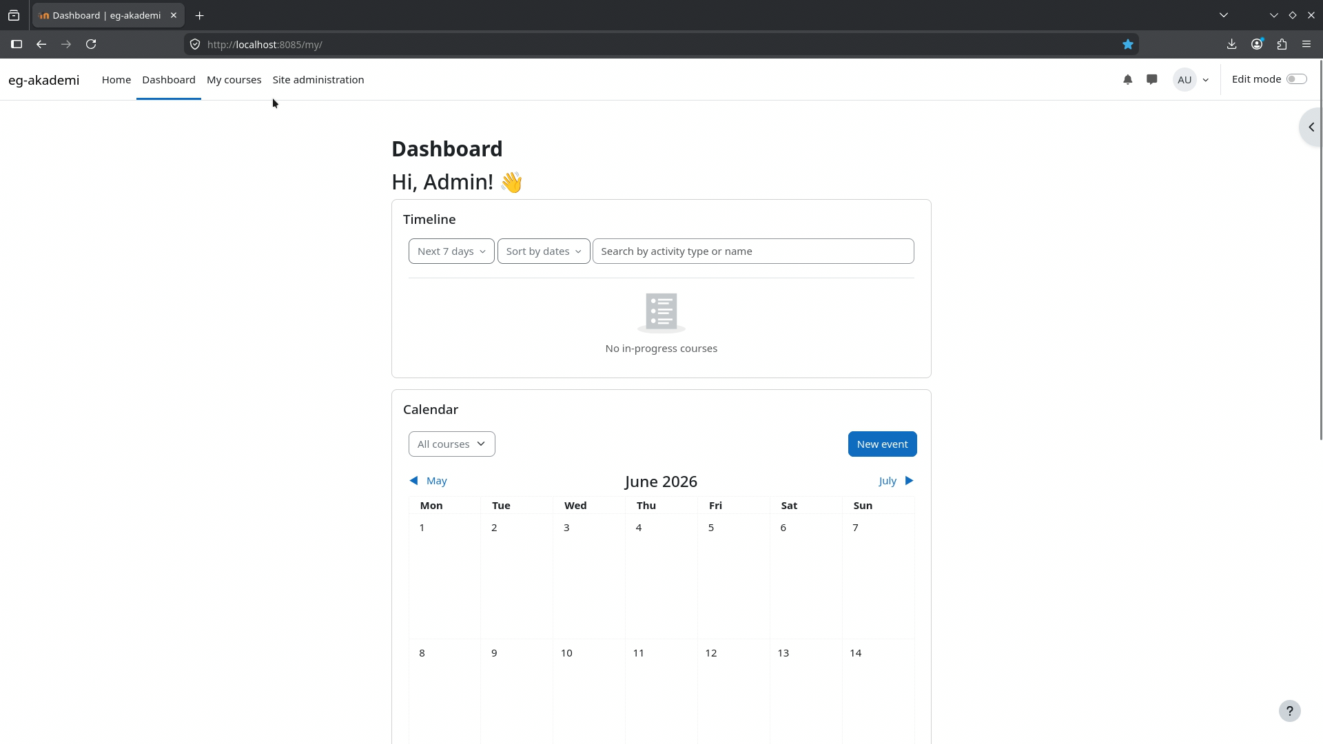 Moodle site opened locally after reconnecting the container