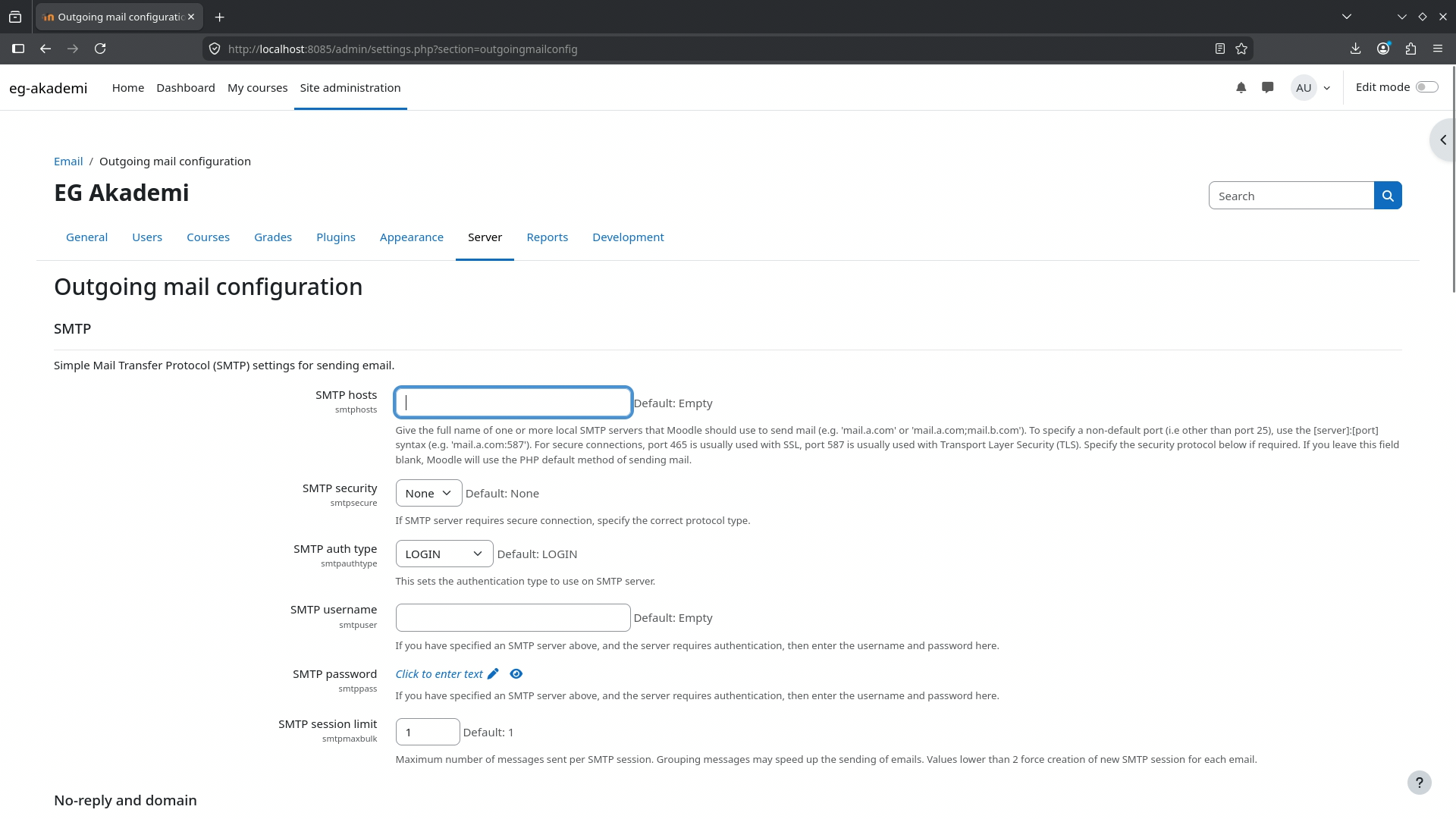 Moodle outgoing mail configuration page