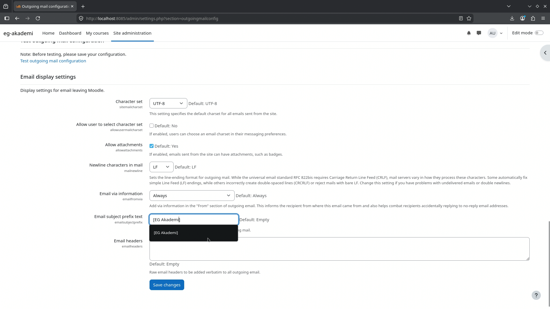 Filling Moodle SMTP settings for the local Mailpit server