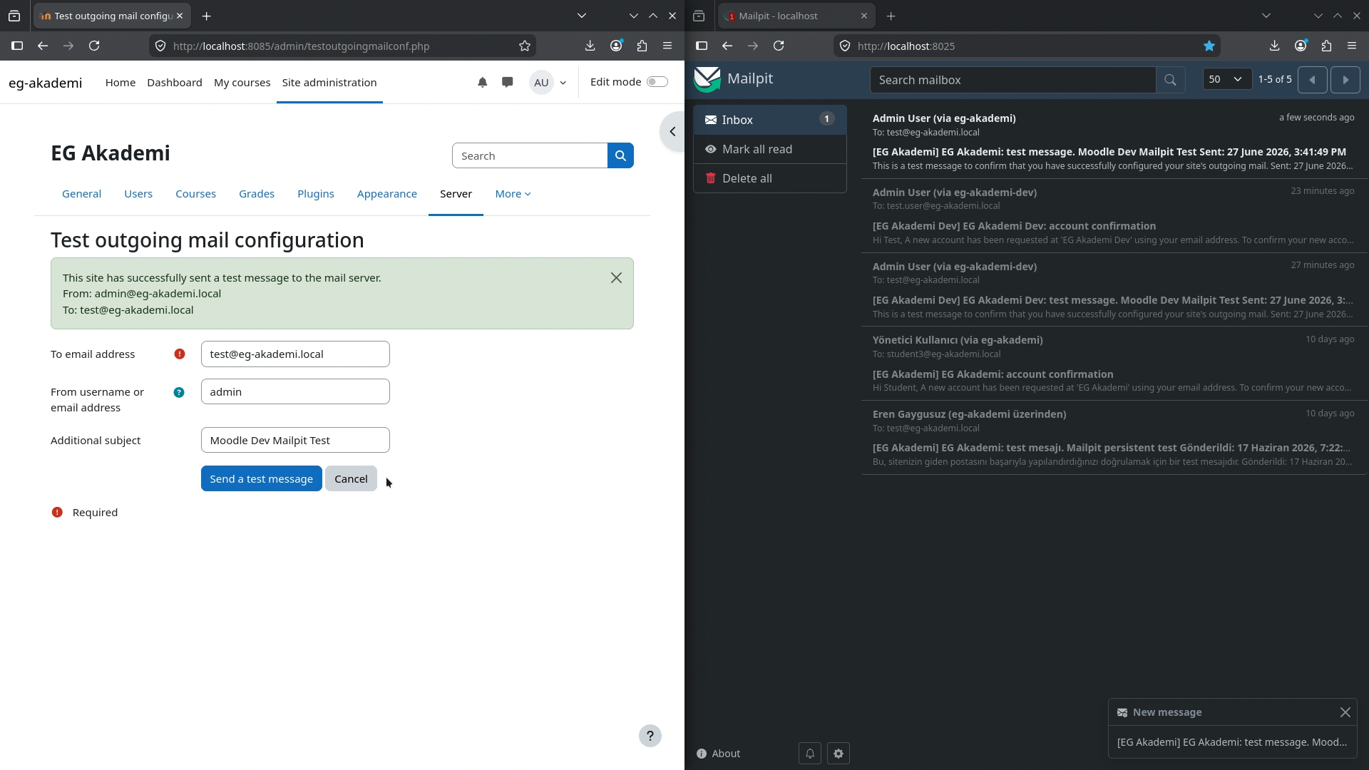 Sending a Moodle test email and checking the message in Mailpit