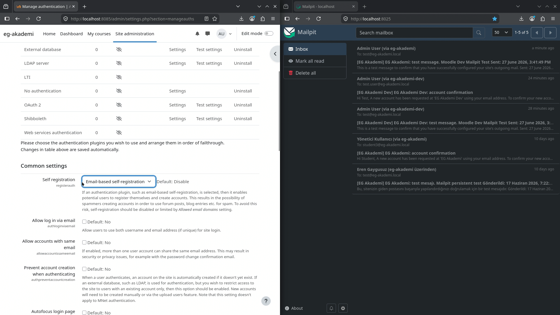 Moodle authentication common settings with email-based self-registration selected