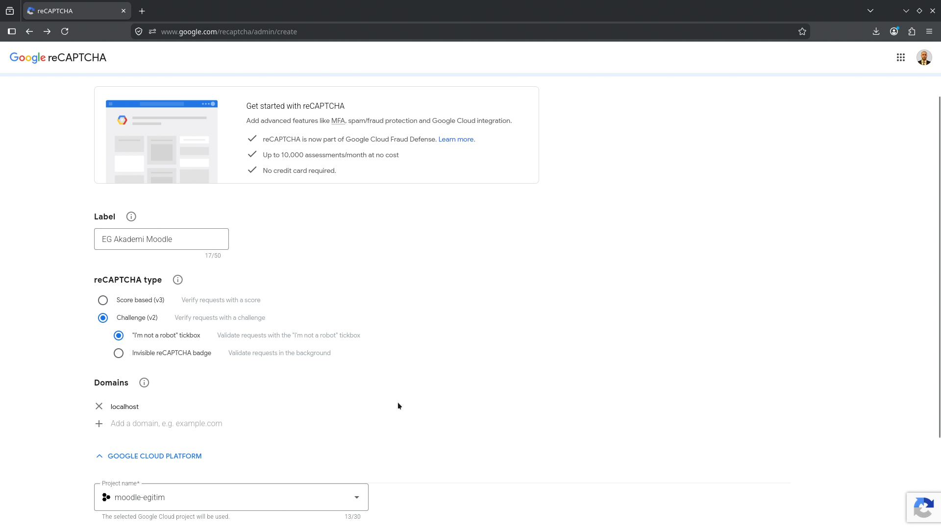 Opening the Google reCAPTCHA admin page for the Moodle development site