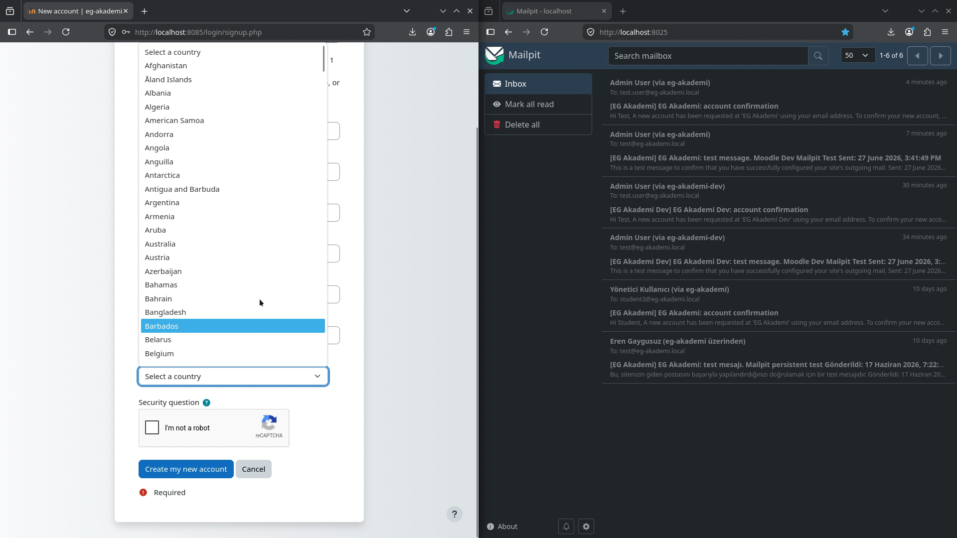 Moodle registration form with reCAPTCHA enabled