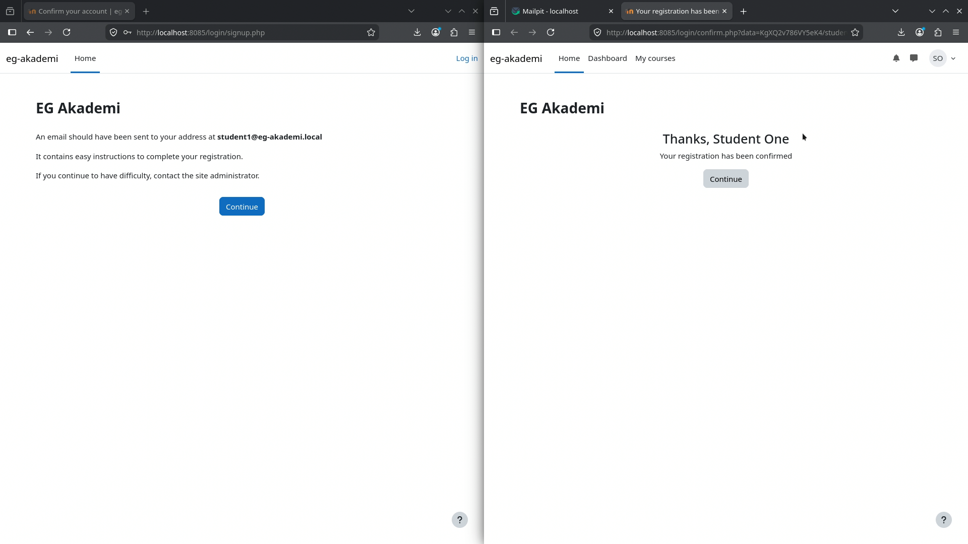 New Moodle user signed in after confirming the protected registration
