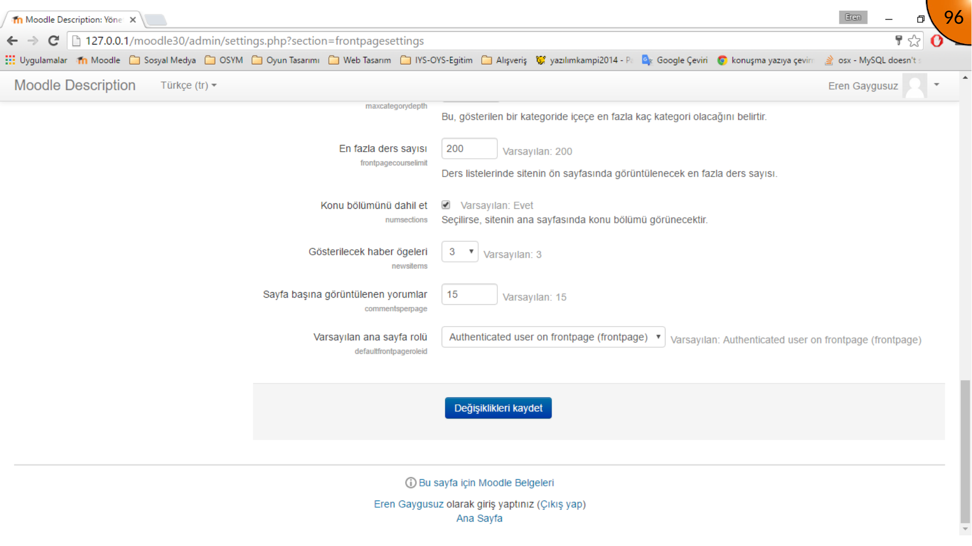 Saving Moodle front page settings
