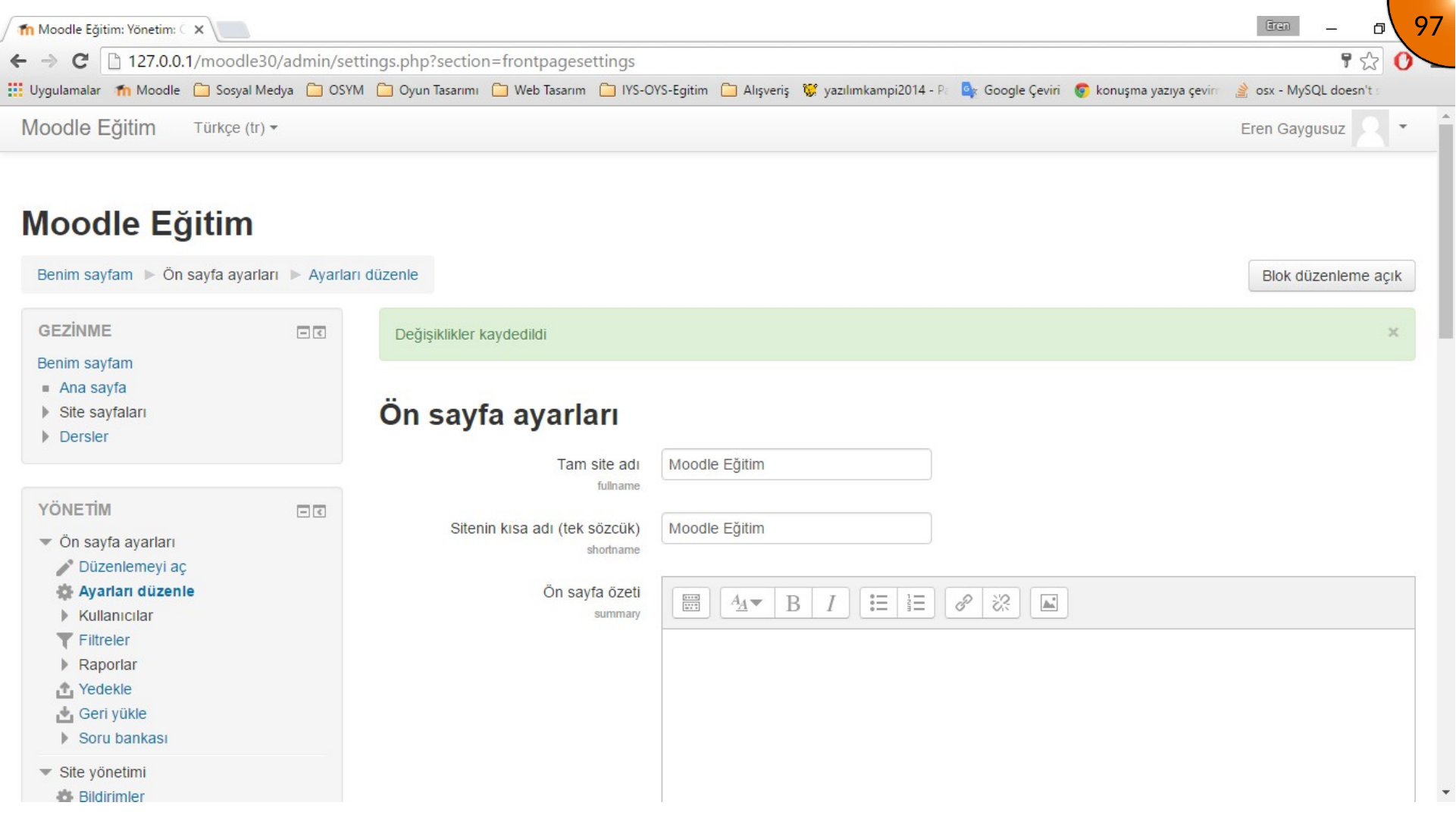 Moodle home page showing the updated site settings