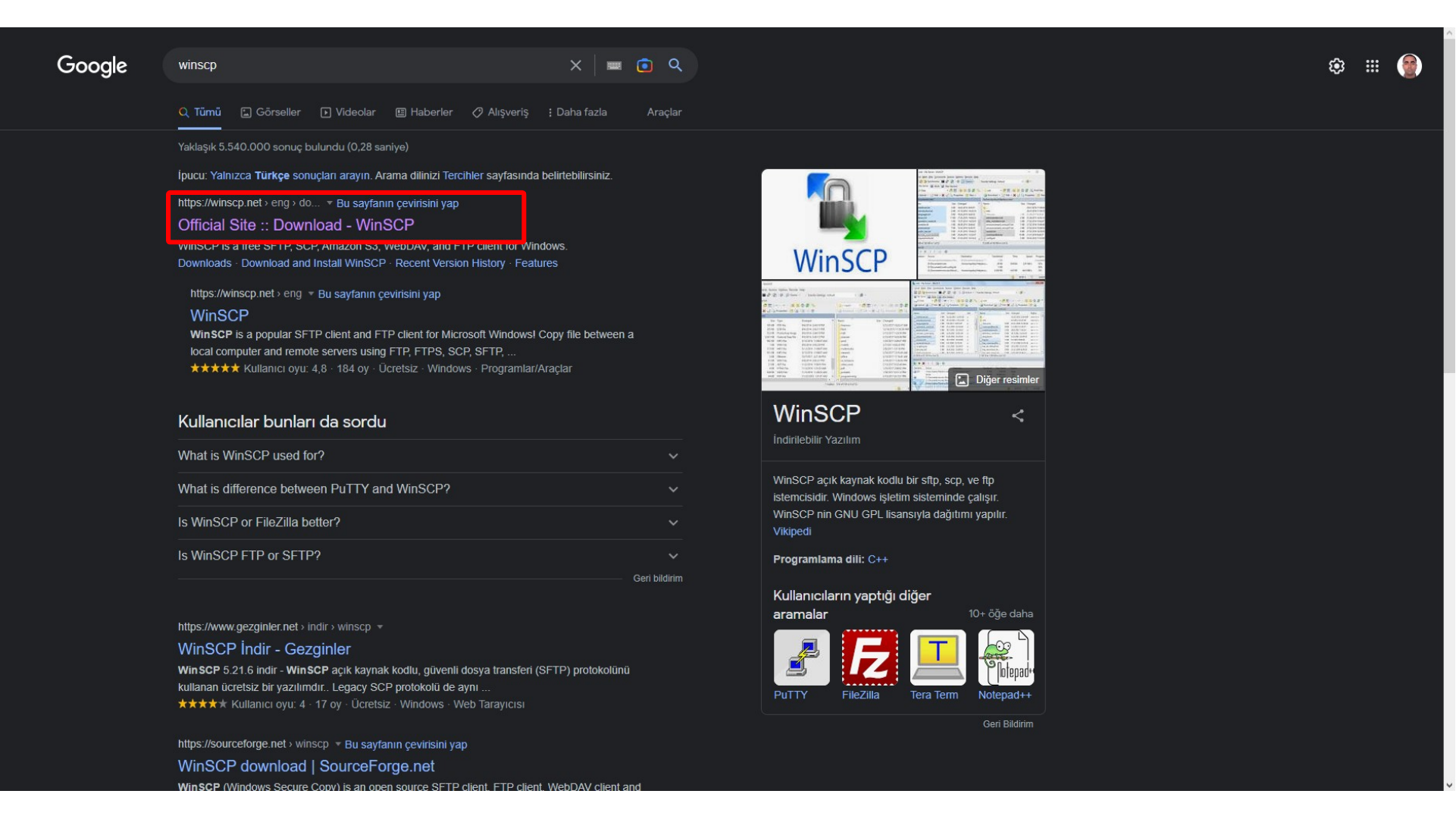 Searching for the WinSCP download page